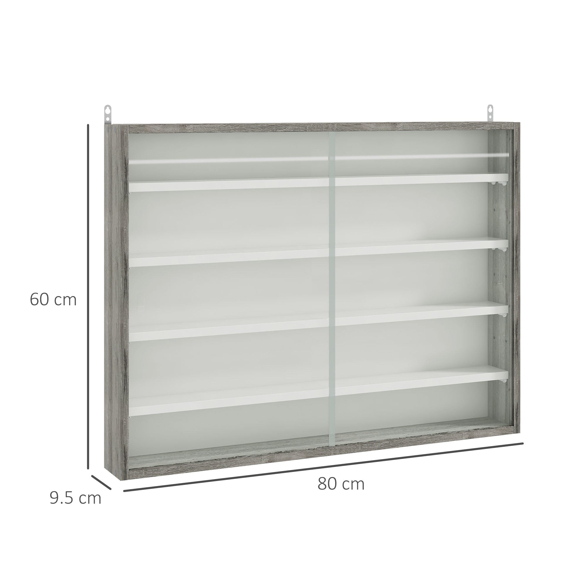 HOMCOM 5-Tier Wall Display Shelf Unit Cabinet w/ 4 Adjustable Shelves Glass Doors Home Office Ornaments 60x80cm Grey Wood Grain - North Peak Garden Furniture