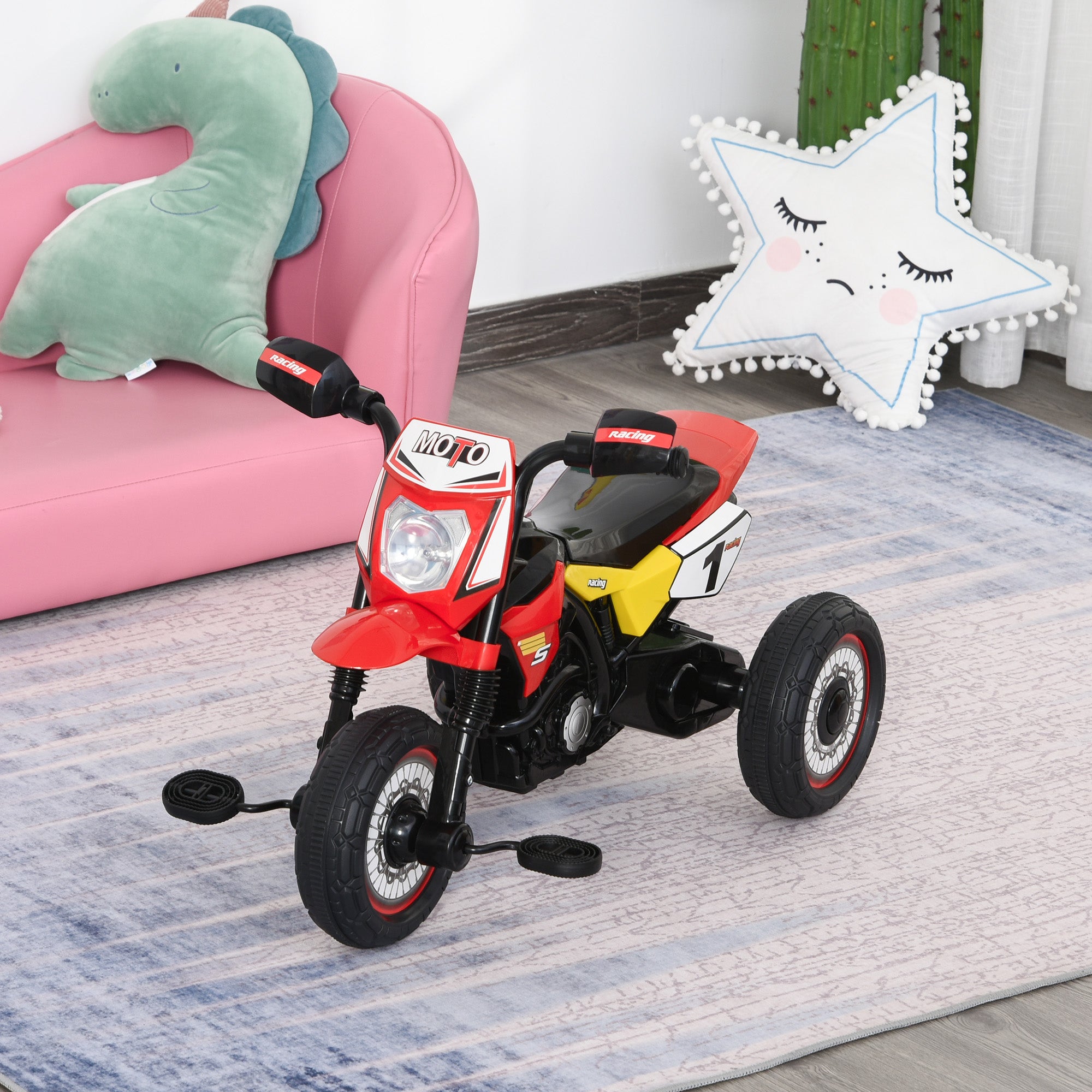 HOMCOM Toddler Pedal Motorcycle Kids Ride On Tricycle Early Learning w/ Music Lights Handlebar Stickers Exercise Boys Girls Gift for Kids 18 - 36 Months Red