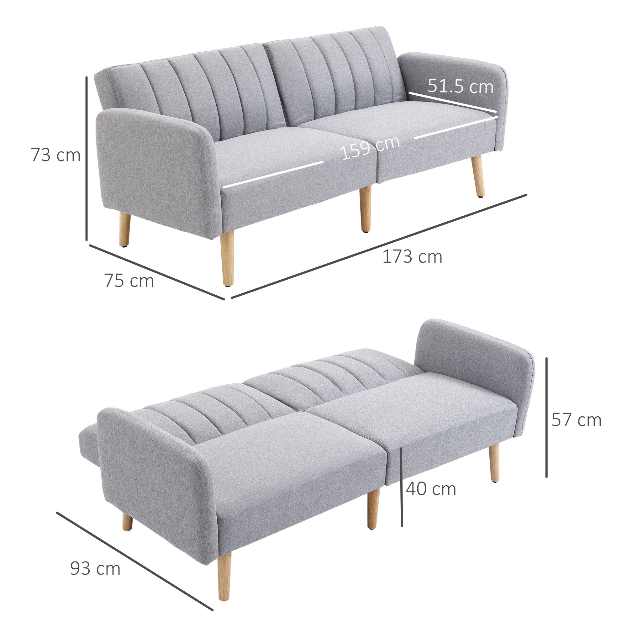 HOMCOM Two-Seater Sofa Bed, with Split Back - Light Grey - North Peak Garden Furniture