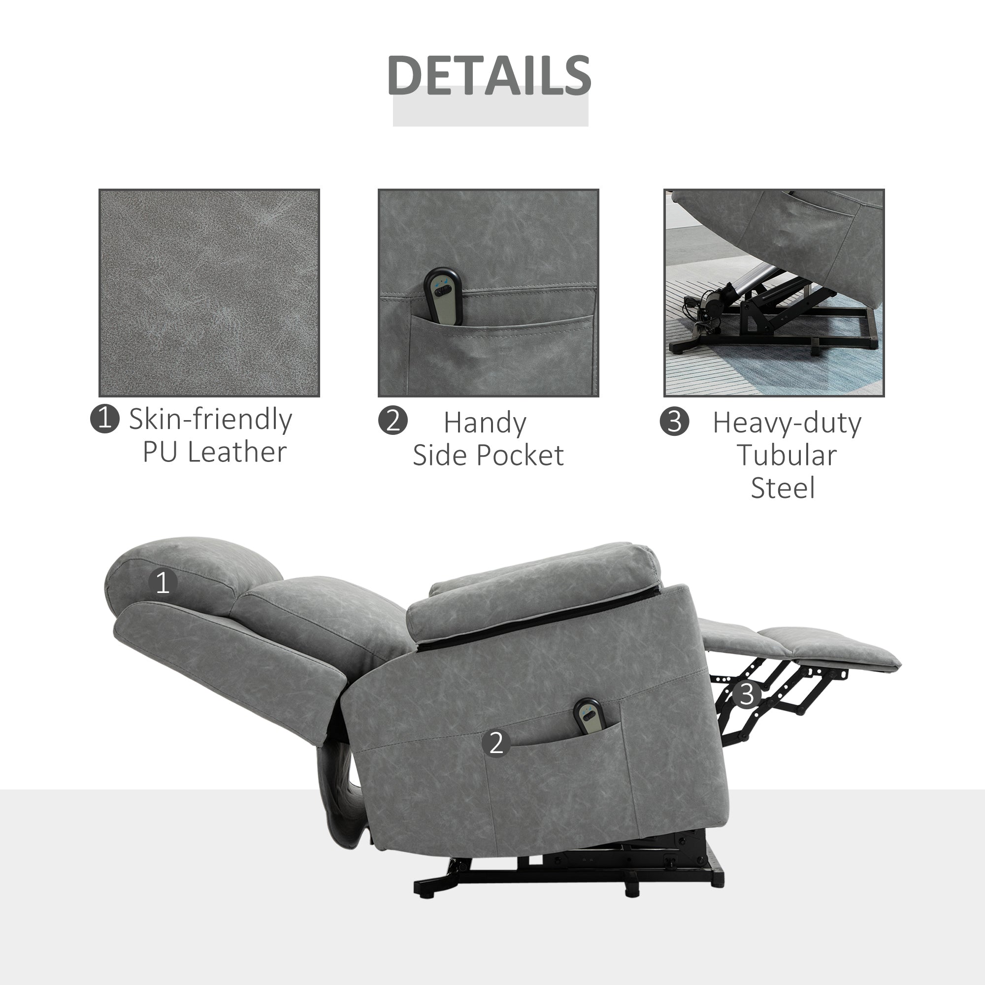 HOMCOM Faux Leather 70° Electric Riser Recliner Chair - Grey - North Peak Garden Furniture