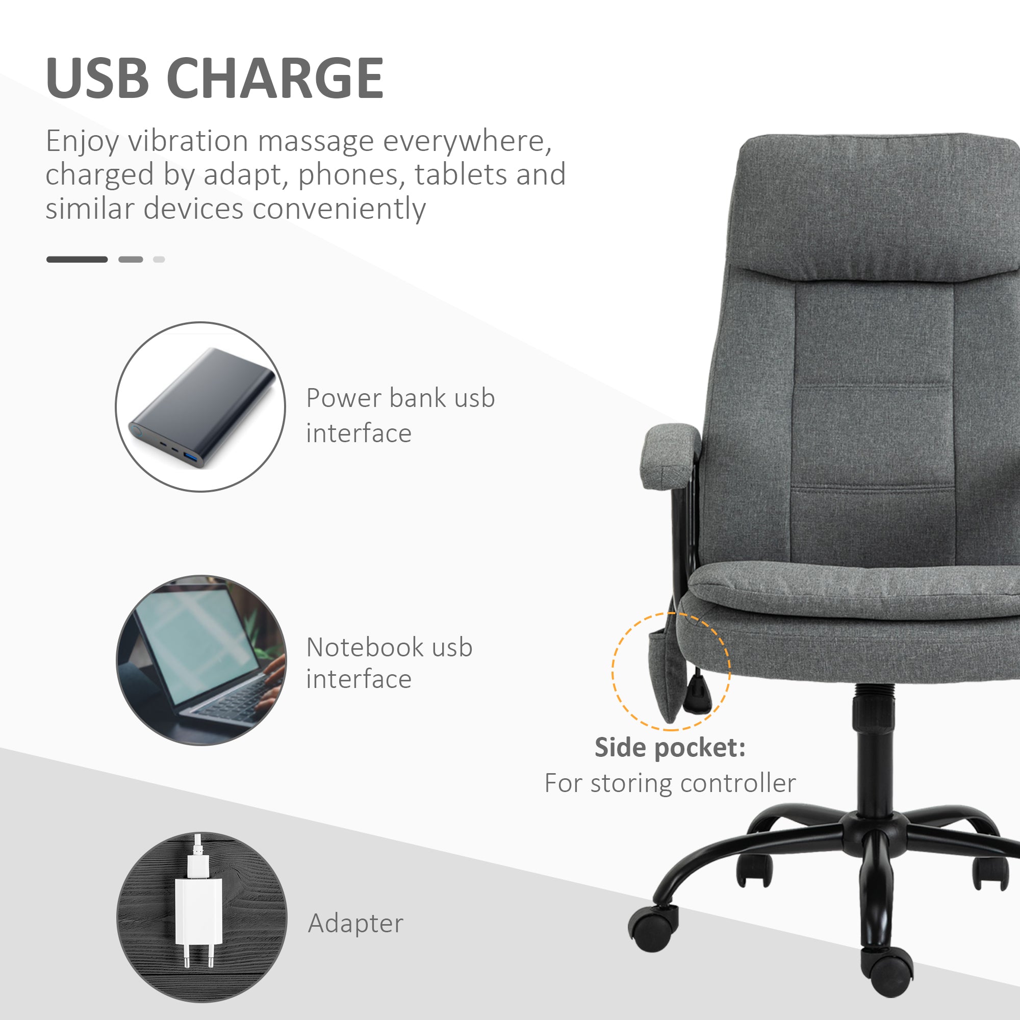 Vinsetto Office Chair, Linen Fabric Desk Chair with 2 Point Massage in Lumbar, Adjustable Height, Rolling Wheels, Grey - North Peak Garden Furniture
