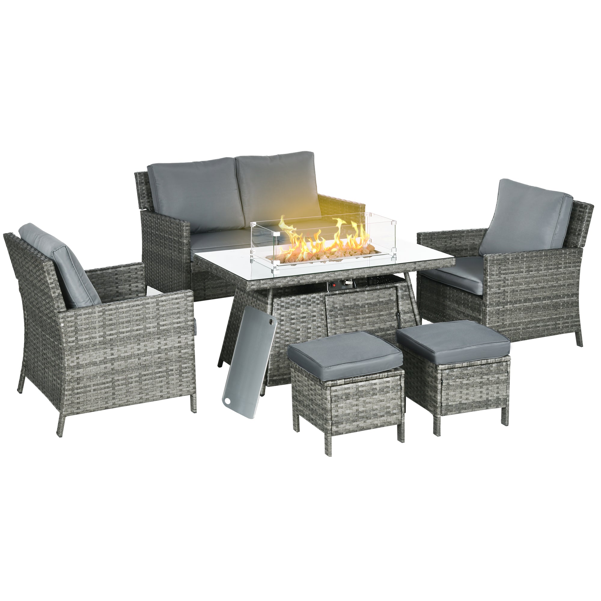 Outsunny 6 Seater Rattan Garden Furniture Set, Gas Fire Pit Table, Wicker Loveseat, 2 Armchairs and 2 Footstools, 6 Piece Patio Rattan furniture Sofa Sets with Cushions for Conservatory, Grey - North Peak Garden Furniture