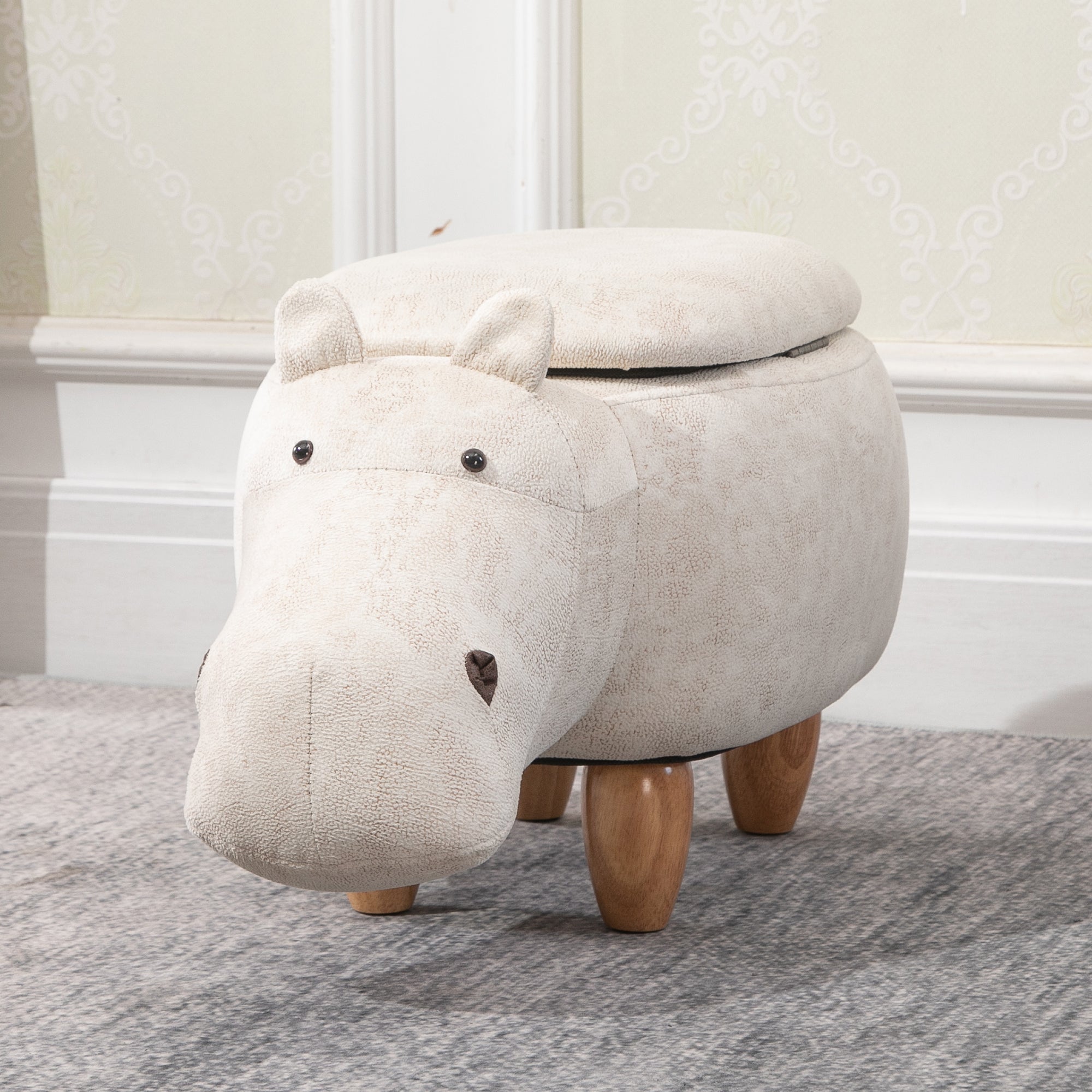 HOMCOM Hippo Storage Stool Cute Decoration Footrest Wood Frame Legs with Padding Lid Ottoman Animal Furniture Cream 36 x 65cm - North Peak Garden Furniture
