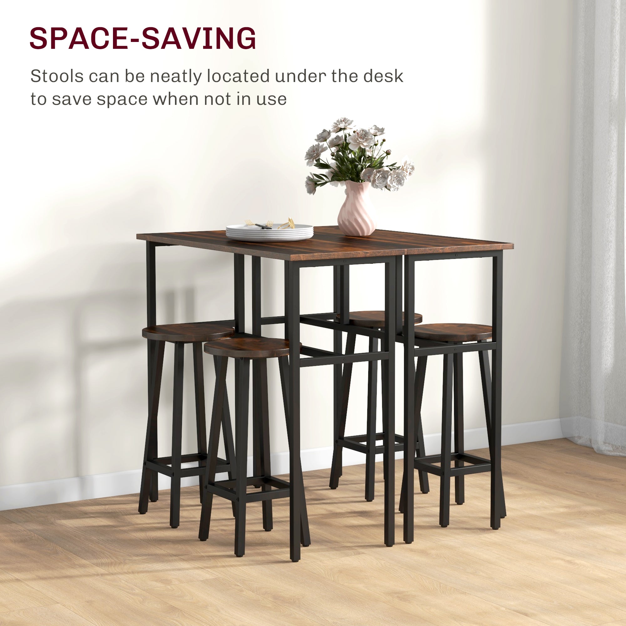 HOMCOM 6-Piece Bar Table Set, 2 Breakfast Tables with 4 Stools, Counter Height Dining Tables & Chairs for Kitchen, Living Room, Rustic Brown - North Peak Garden Furniture