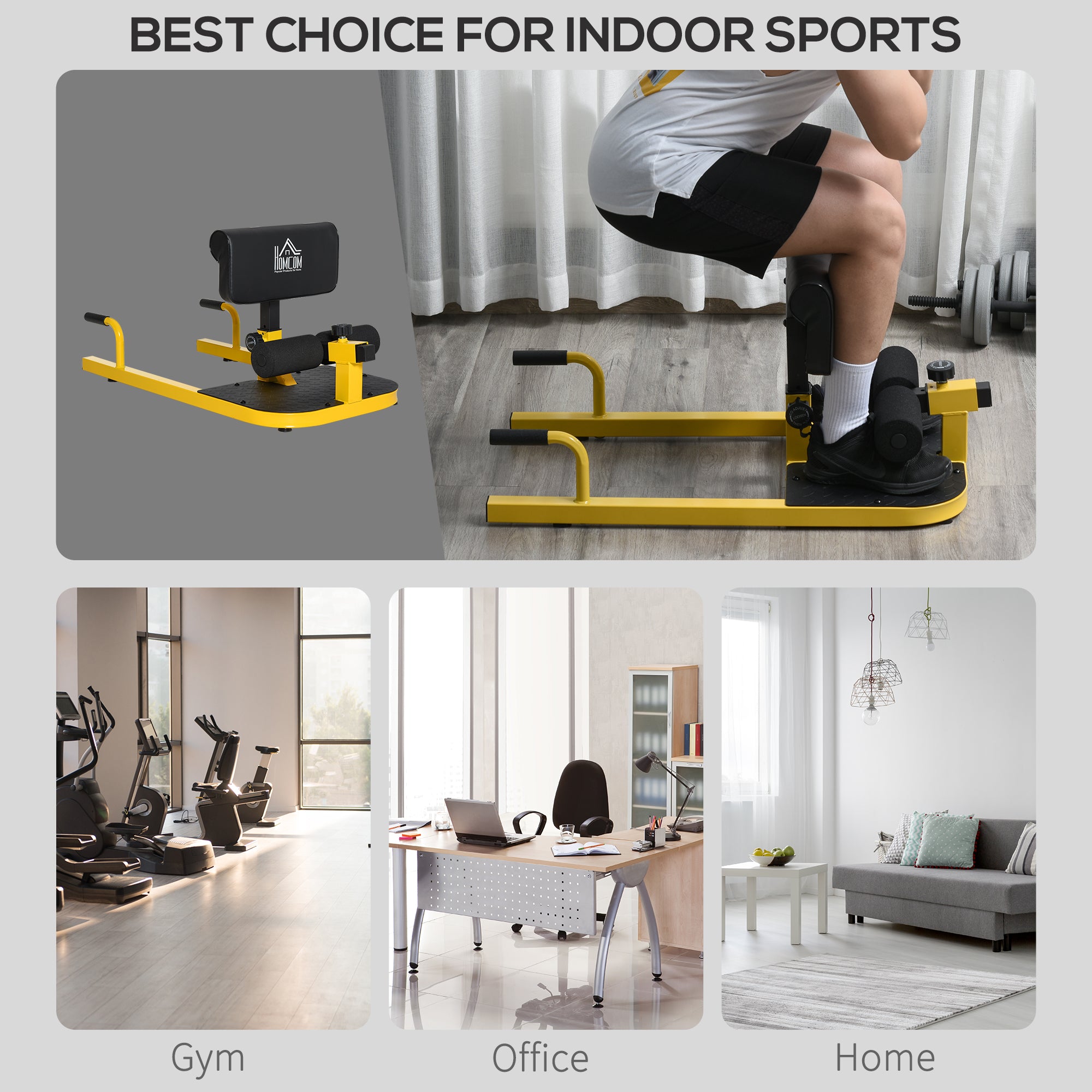 HOMCOM Squat Machine with Push Up Stand, Padded Hip Thrust Bench with Adjustable Cushion for Home Gym Work Out, Yellow - North Peak Garden Furniture