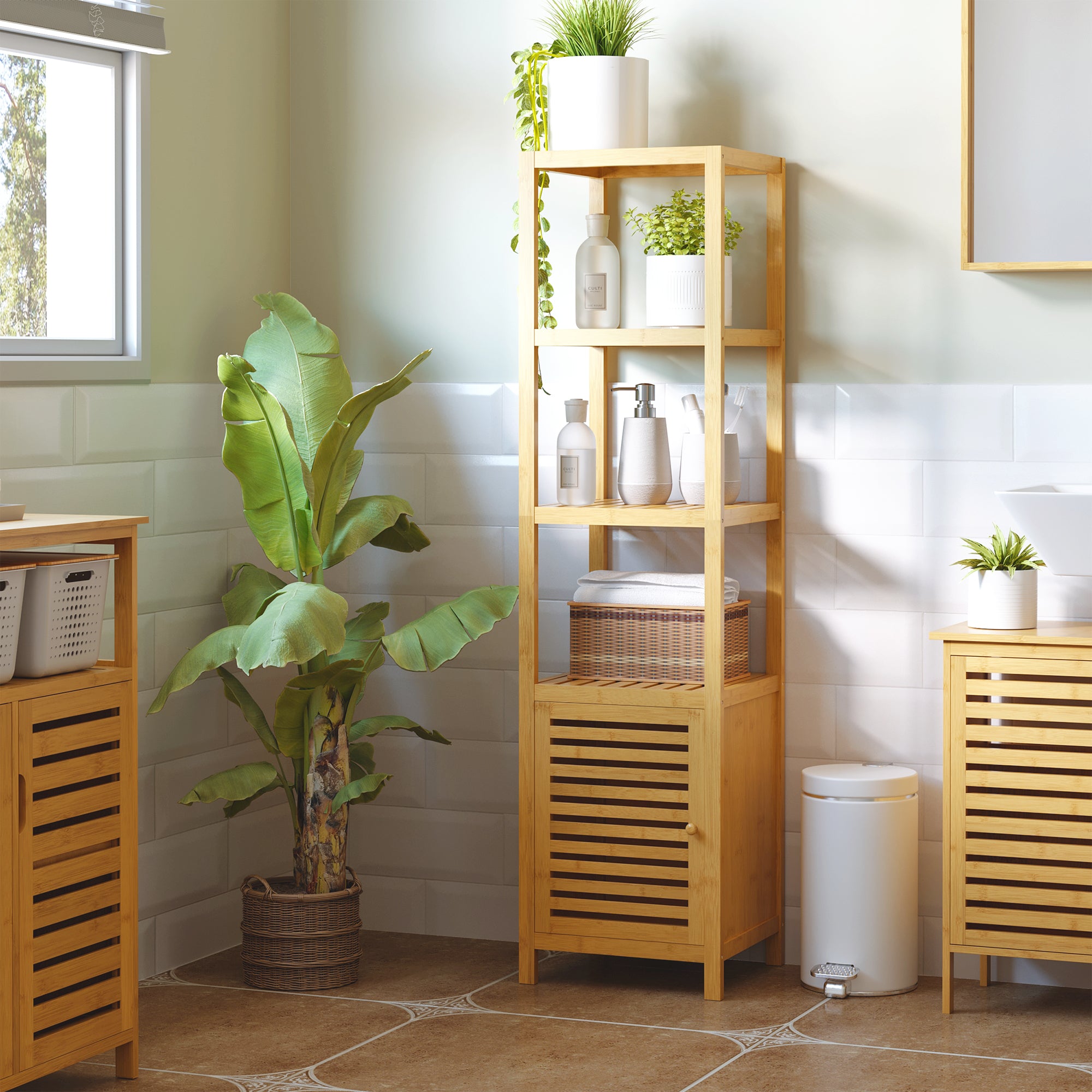 HOMCOM 140cm Tall Bathroom Cabinet, Freestanding Storage Unit w/ 3 Shelves, Utility Organiser Cupboard for Home Kitchen - North Peak Garden Furniture