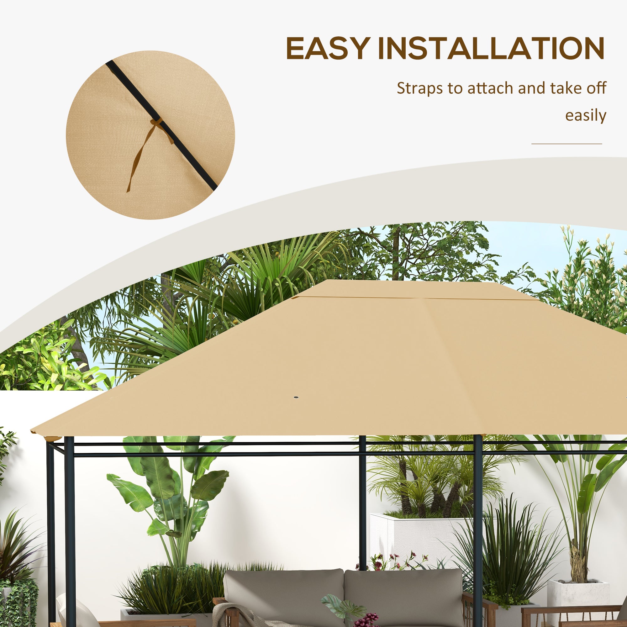 Outsunny 3 x 4m Gazebo Canopy Replacement Cover, Gazebo Roof Replacement (TOP COVER ONLY), Khaki - North Peak Garden Furniture