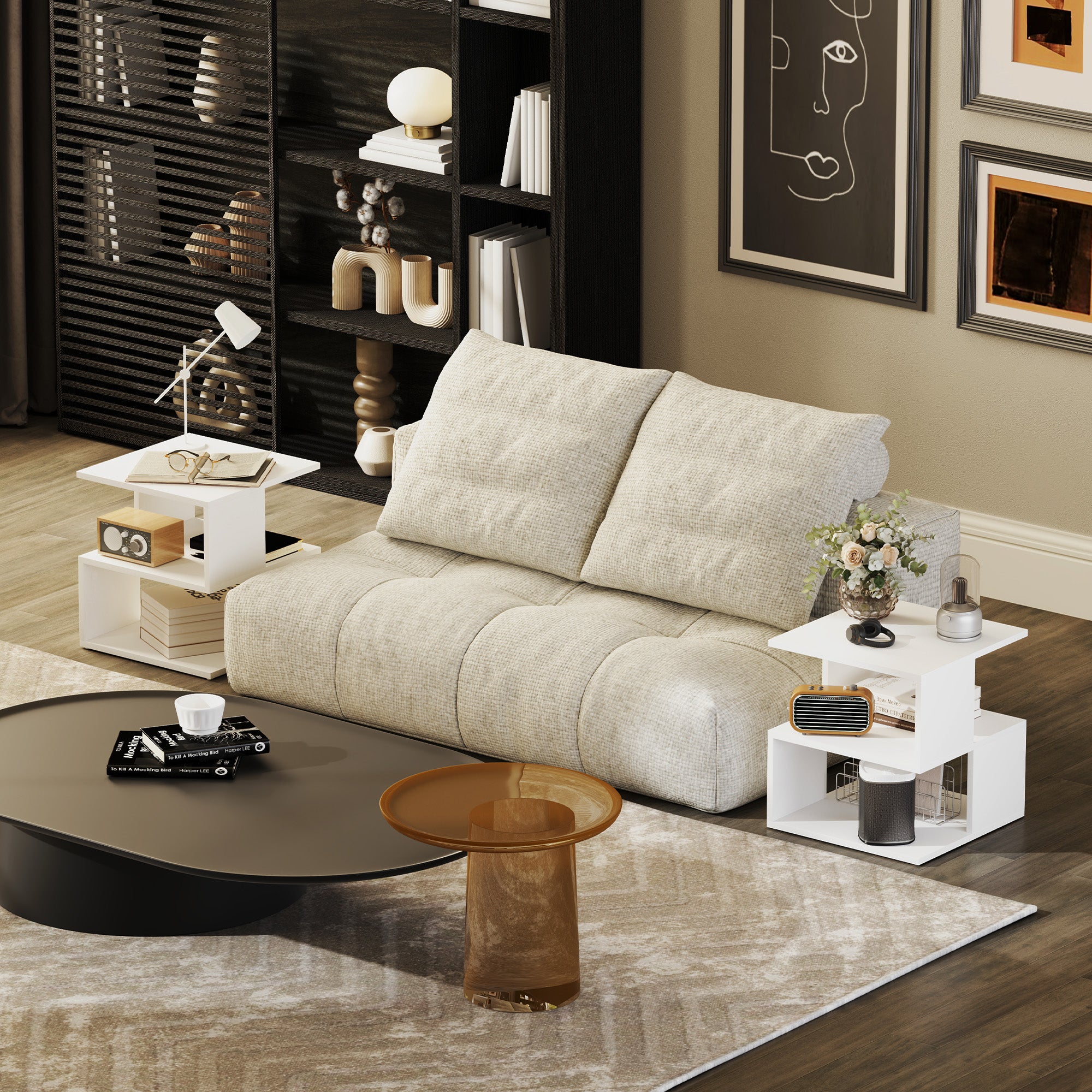HOMCOM Set of 2 Side Table, Square Coffee Table, Modern End Table with 2 Tier Storage Shelves for Living Room, Bedroom, White