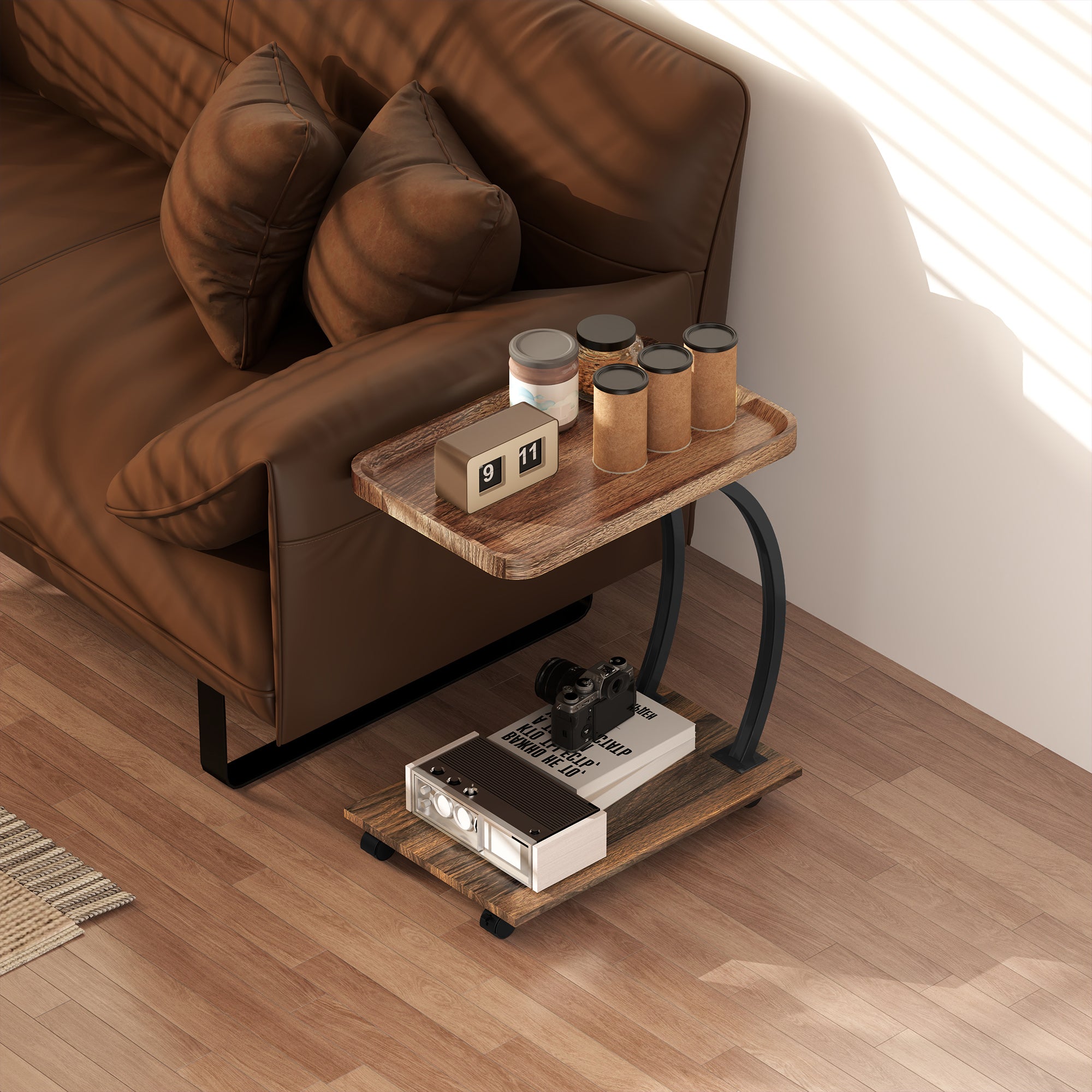 HOMCOM 2-Tier Mobile C-Shaped Side Table - Brown - North Peak Garden Furniture
