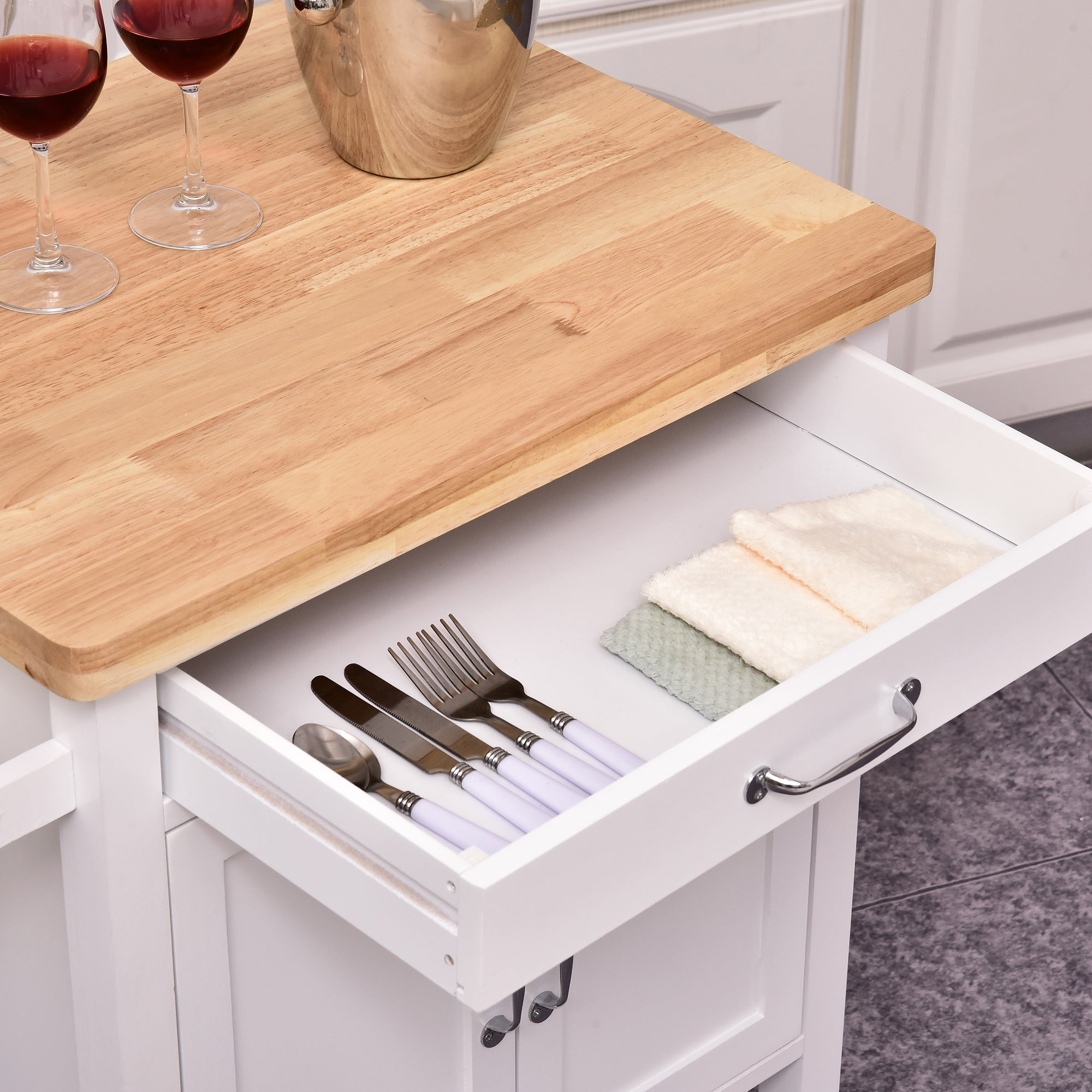 HOMCOM Kitchen Storage Trolley Cart Rolling Wheels Shelves Cupboard W/ Drawer And Towel Rail Rubber Wood Worktop White - North Peak Garden Furniture