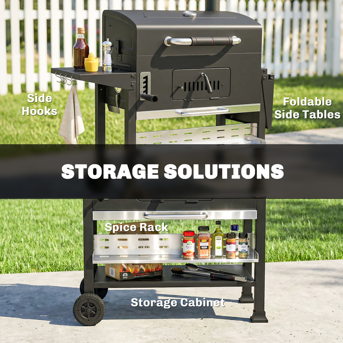 Outsunny Charcoal BBQ Grill Smoker with Electric Rotisserie Kit, Portable Barbecue Grill with Warming Rack, Black