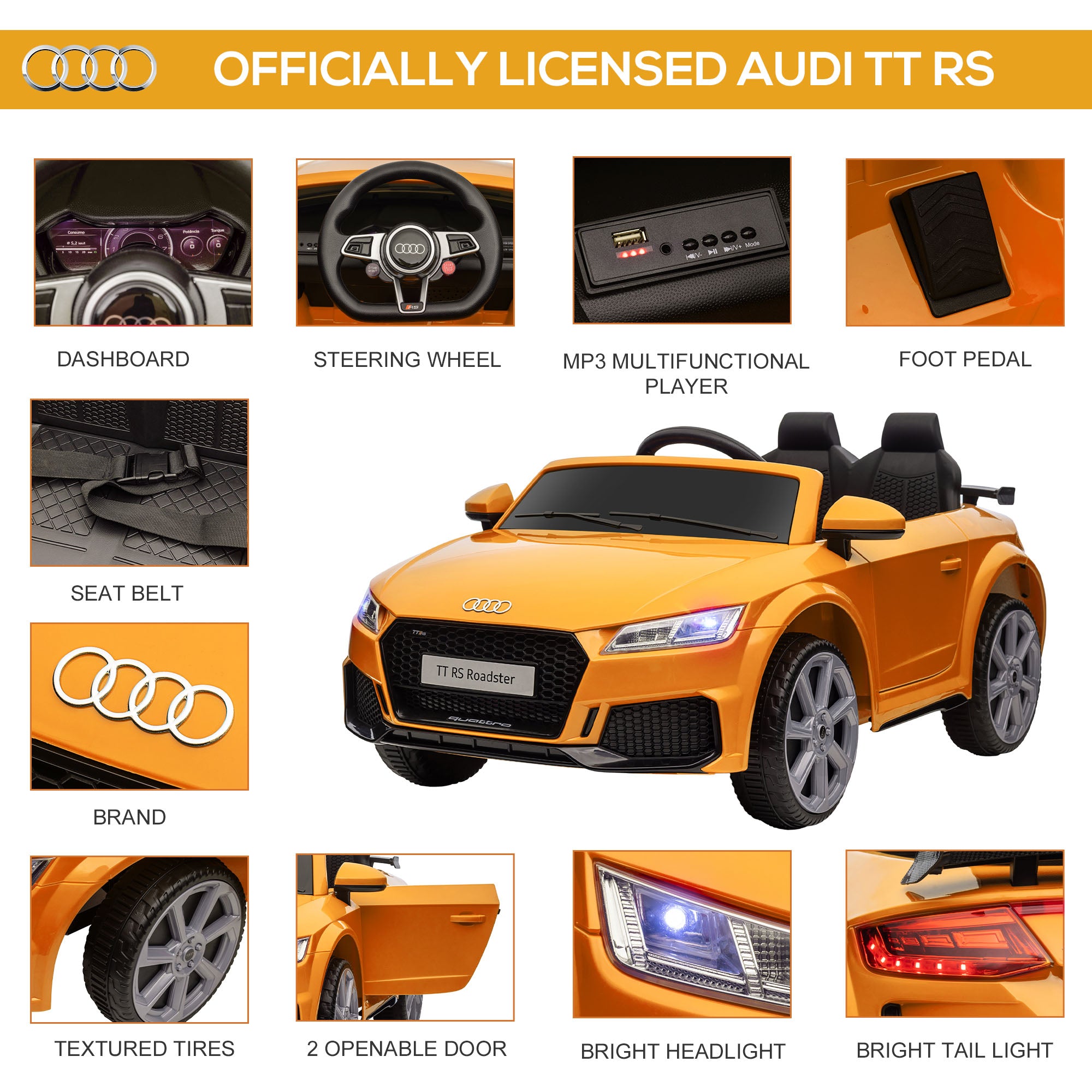 HOMCOM Kids Licensed Audi TT RS Ride-On Car 12V Battery w/ Remote Suspension Headlights and MP3 Player 3km/h Yellow - North Peak Garden Furniture