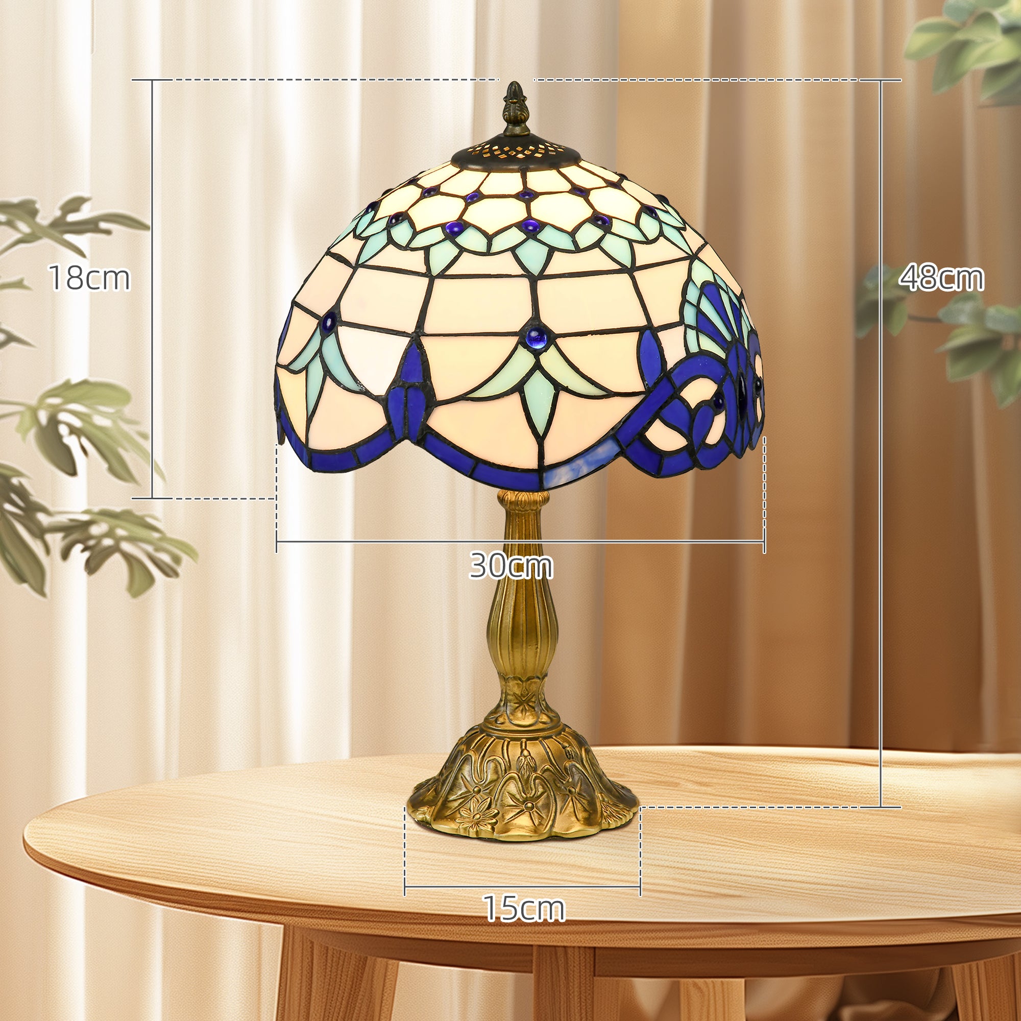 HOMCOM Stained Glass Table Lamp, Handmade Antique Bedside Lamp for Bedroom, Living room, Home, Nightstand, Decorative Night Light, Blue - North Peak Garden Furniture