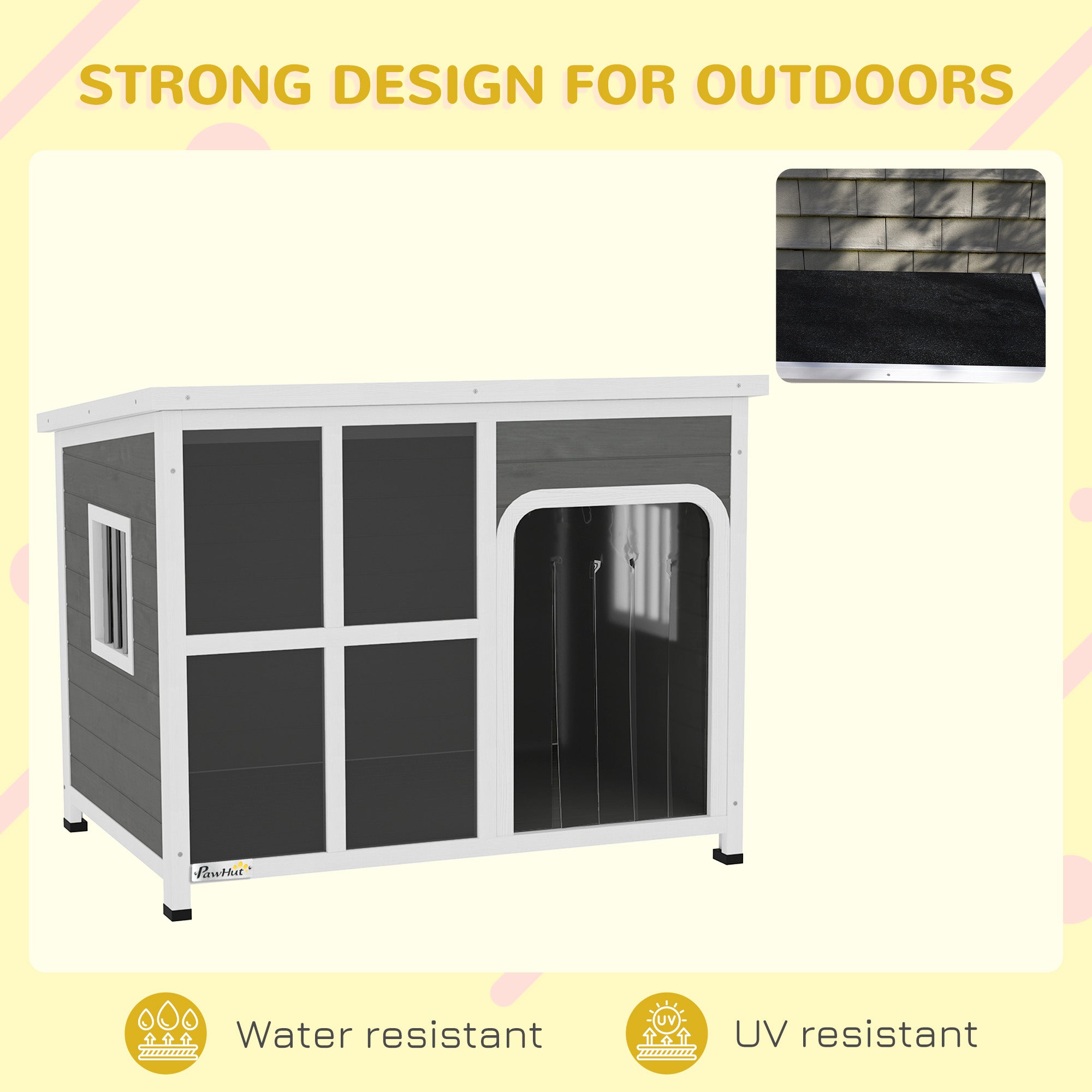PawHut Wooden Dog House Outdoor with Asphalt Openable Top, Removable Floor, Clear Front Panel, Curtain, 103 x 77 x 83cm - North Peak Garden Furniture