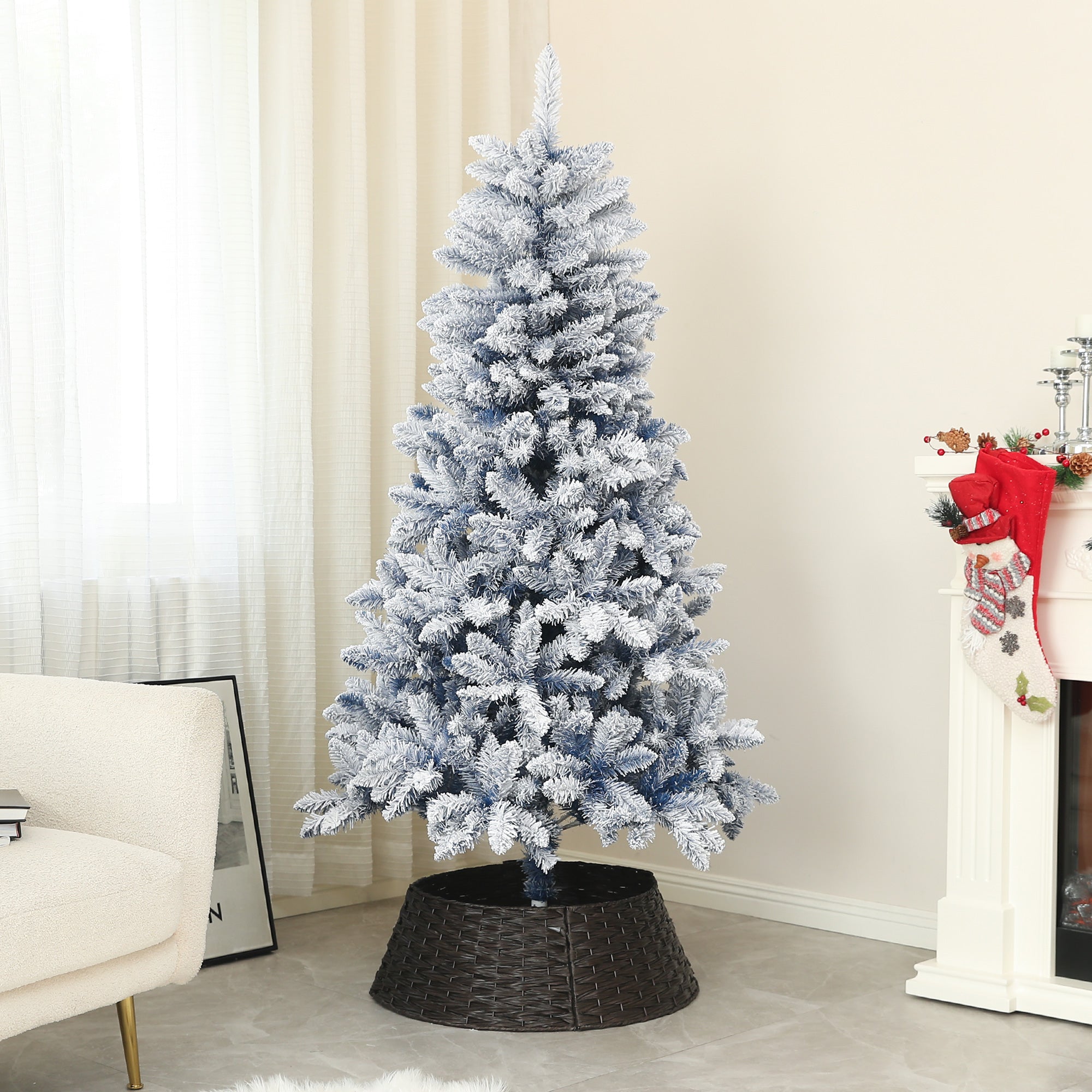 HOMCOM 5ft Flocked Artificial Christmas Tree with 450 Snow Frosted Tips, Metal Stand, Snowy Hinged Xmas Tree, Blue - North Peak Garden Furniture