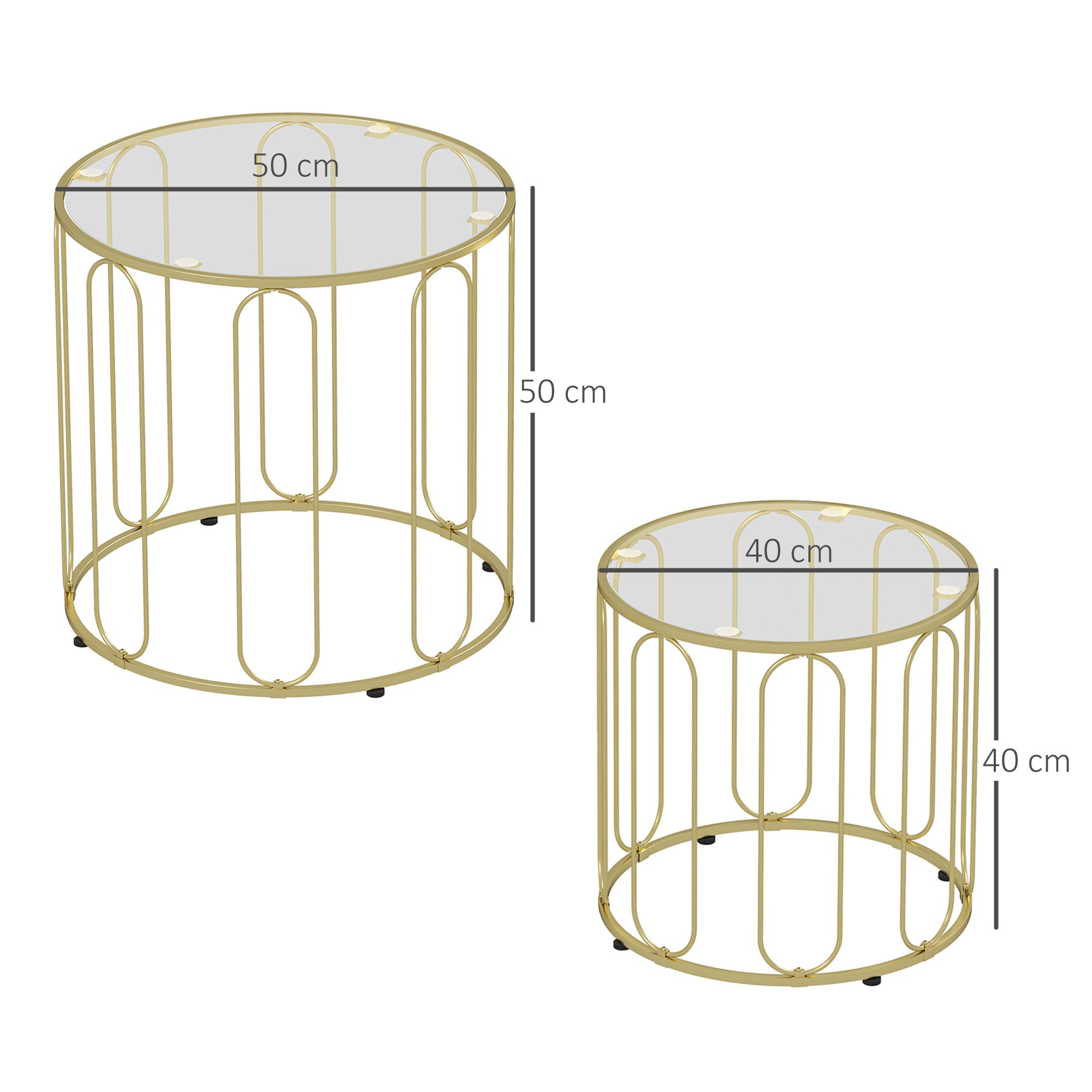 HOMCOM Round Coffee Table Set of 2, Glass Nest of Tables with Metal Frame and Tempered Glass Tabletop, Modern Side Tables for Living Room, Gold Tone - North Peak Garden Furniture