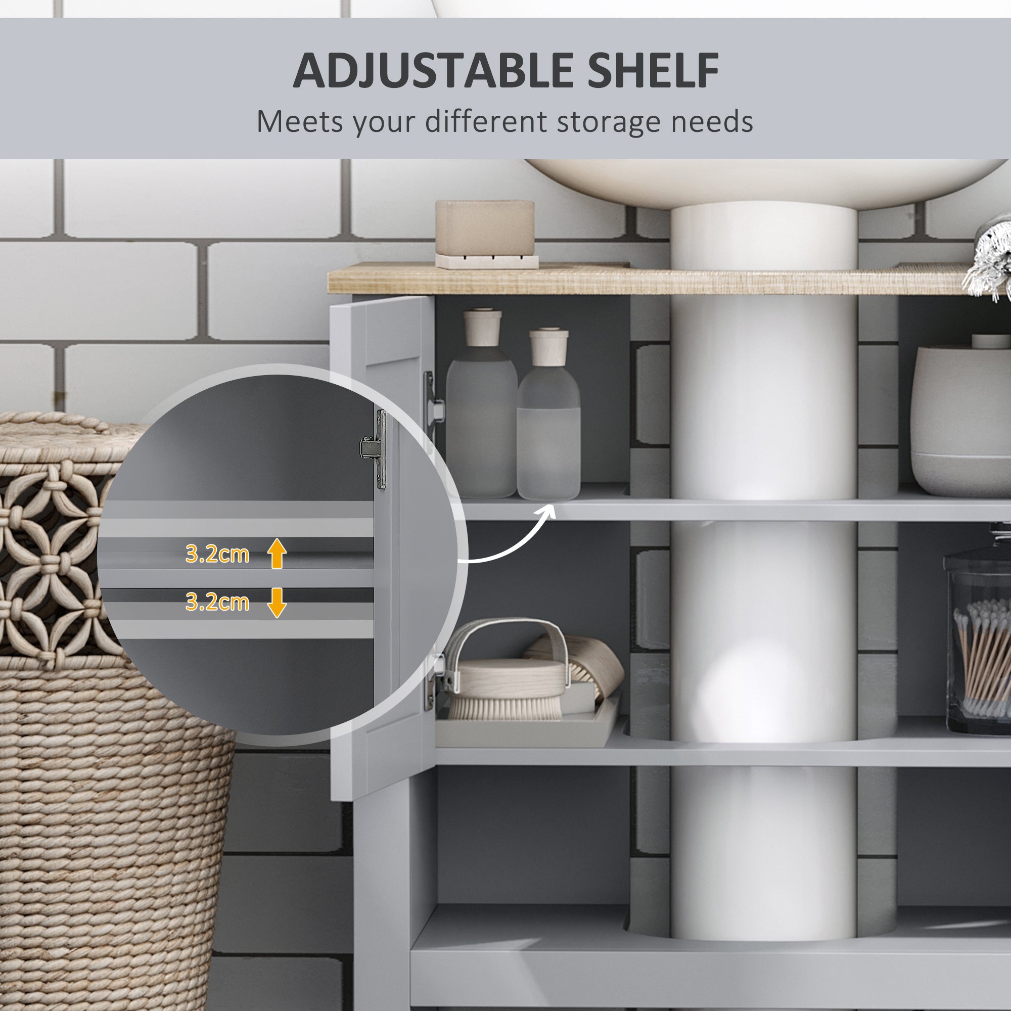 kleankin Under Sink Cabinet, Bathroom Vanity Unit, Pedestal Under Sink Design, Storage Cupboard with Adjustable Shelf, Grey - North Peak Garden Furniture