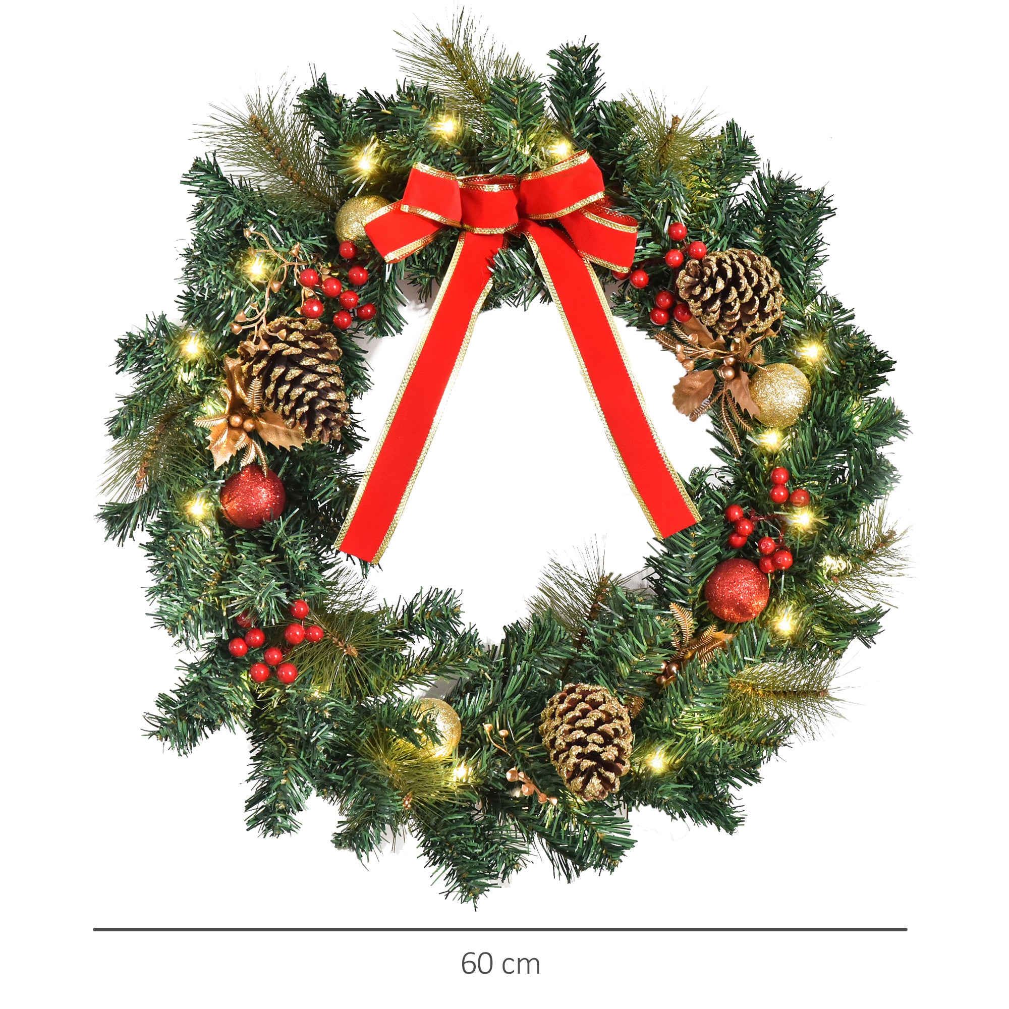 HOMCOM 60cm Pre-Lit Artificial Christmas Door Wreath Holly LED Decor Pine Cones Hanging Glittered Festival Indoor Outdoor Decoration - North Peak Garden Furniture