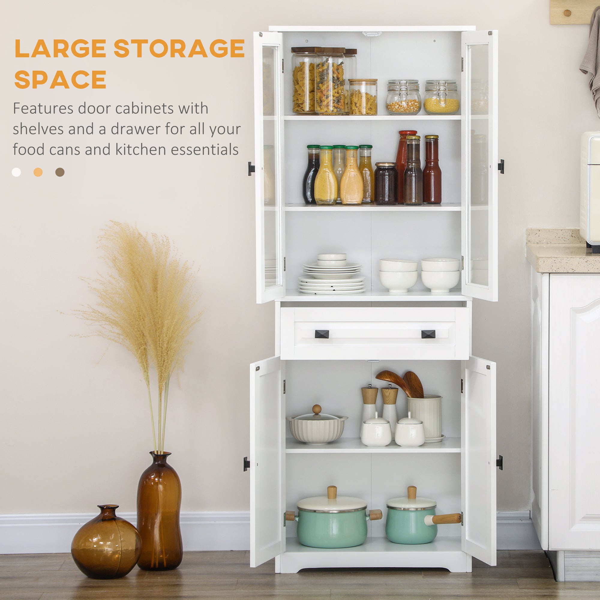 HOMCOM Kitchen Cupboard, Freestanding Storage Cabinet with 2 Adjustable Shelves, Drawer and Glass Door for Living Room, Dining Room, 160cm, White - North Peak Garden Furniture
