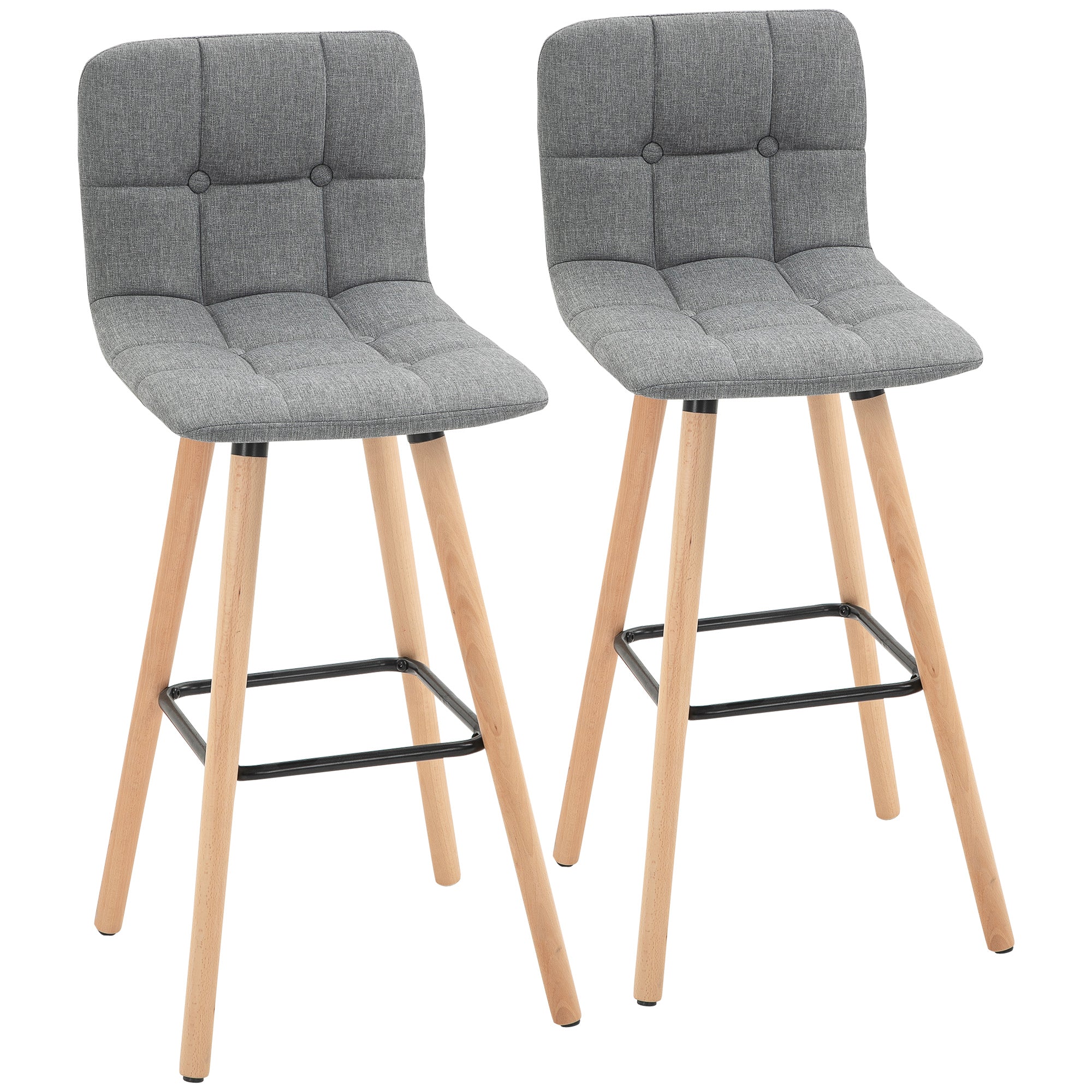 HOMCOM Bar stool Set of 2 Armless Button-Tufted Counter Height Bar Chairs with Wood Legs & Footrest, Grey - North Peak Garden Furniture