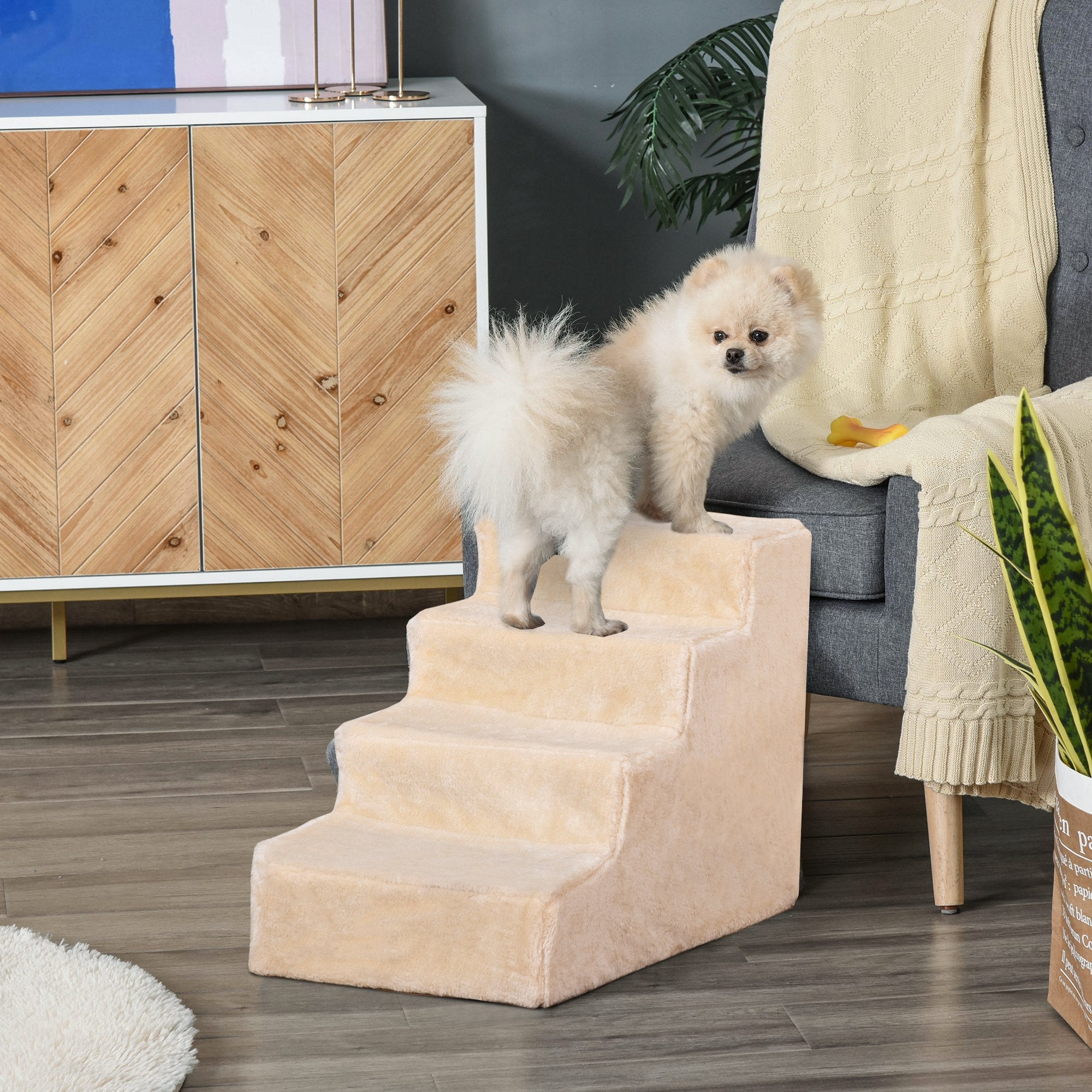 PawHut Four-Step Dog Stairs, with Washable Plush Cover, for High Bed Sofa, Dog Stairs for Small Dog and Cat - Beige - North Peak Garden Furniture
