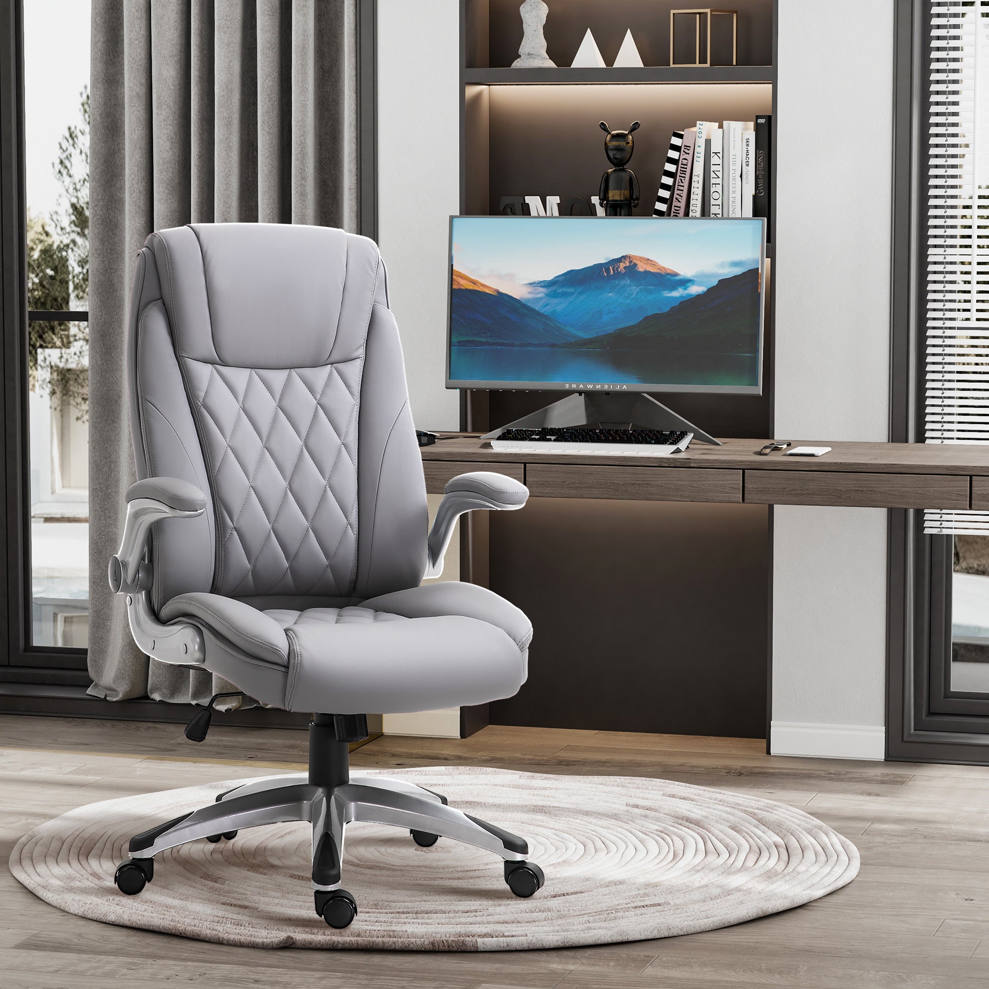 Vinsetto High Back Executive Office Chair Home Swivel PU Leather Ergonomic Chair, with Flip-up Arm, Wheels, Adjustable Height, Grey