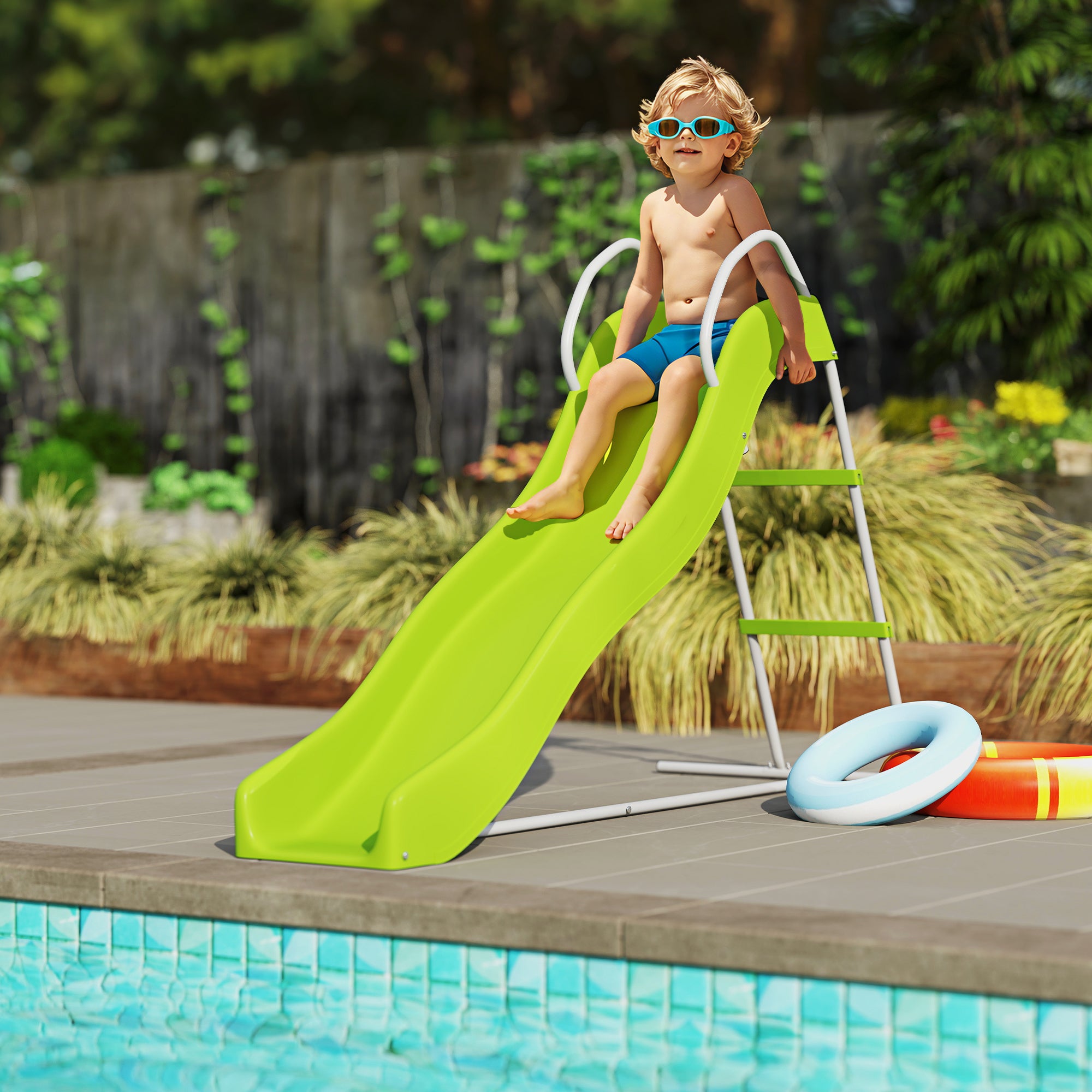 AIYAPLAY Freestanding Kids Slide with Climbing Ladder, Outdoor Playground Equipment for Children Ages 3-8 Years, Green - North Peak Garden Furniture