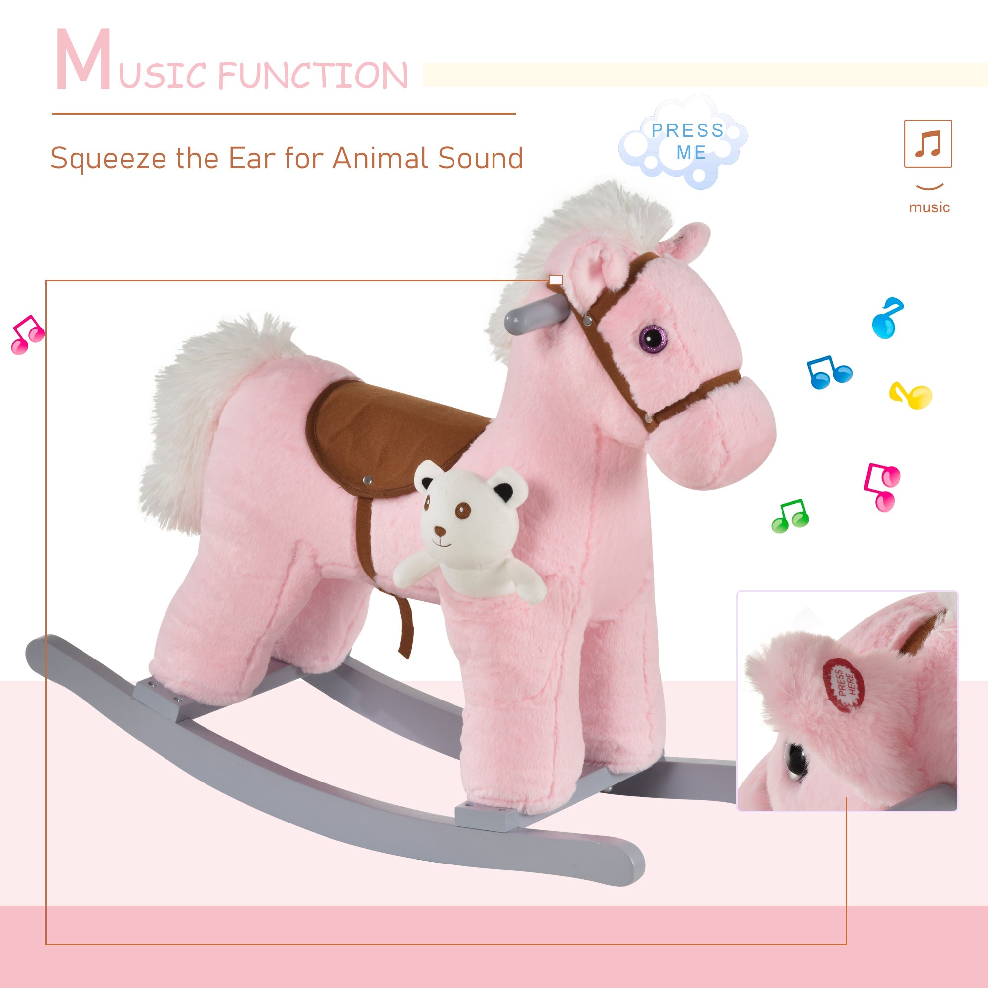 HOMCOM Kids Plush Ride-On Rocking Horse Toy Rocker with Plush Toy Realistic Sounds for Child 18-36 Months Pink - North Peak Garden Furniture