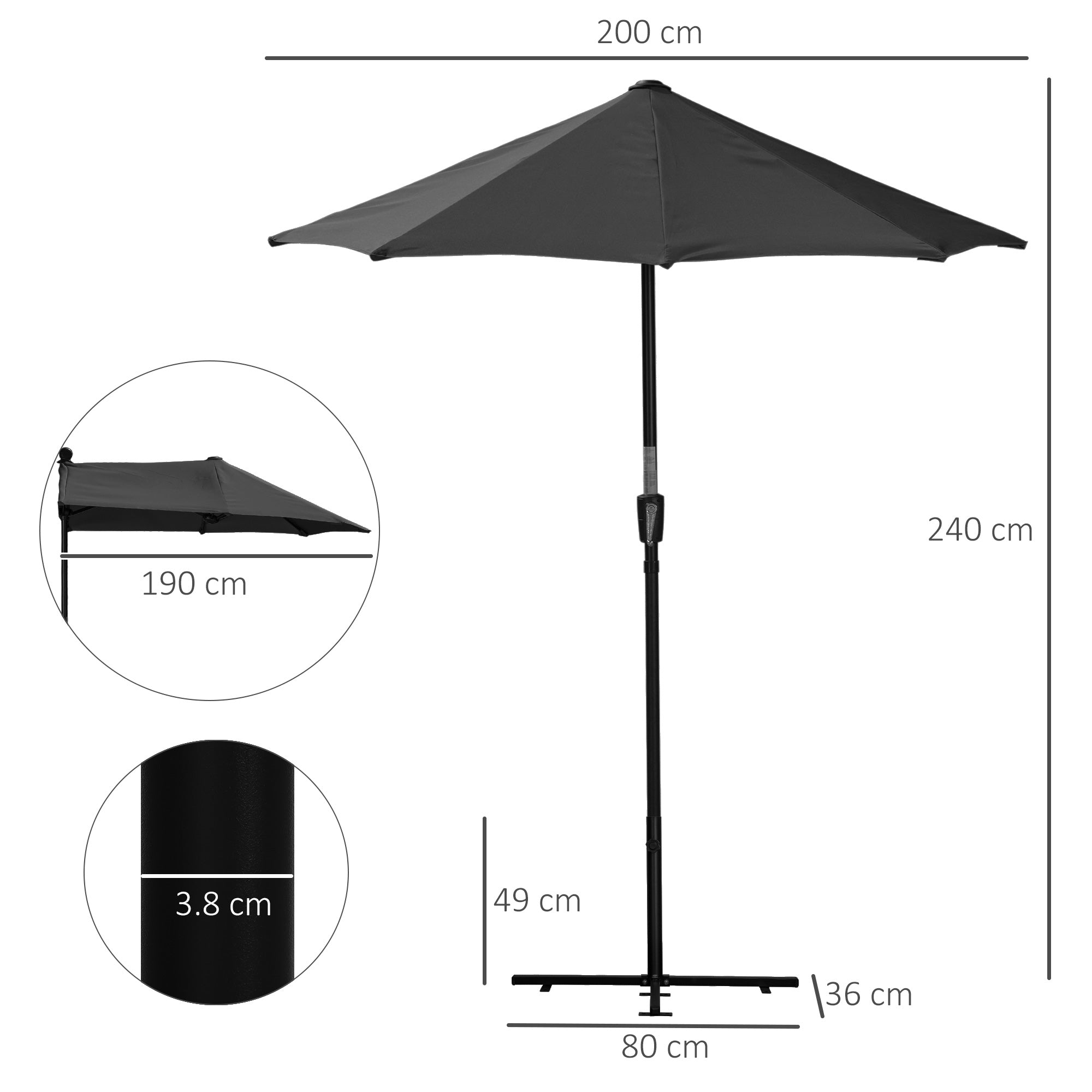 Outsunny 2m Half Parasol Market Umbrella Garden Balcony Parasol with Crank Handle, Base, Double-Sided Canopy, Black