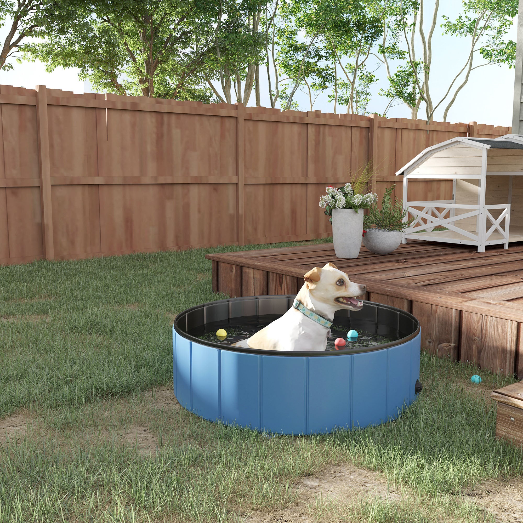 PawHut Foldable Dog Paddling Pool Pet Cat Swimming Pool Indoor/Outdoor Collapsible Summer Bathing Tub Shower Tub Puppy Washer (Φ100 x 30H cm, Blue) - North Peak Garden Furniture