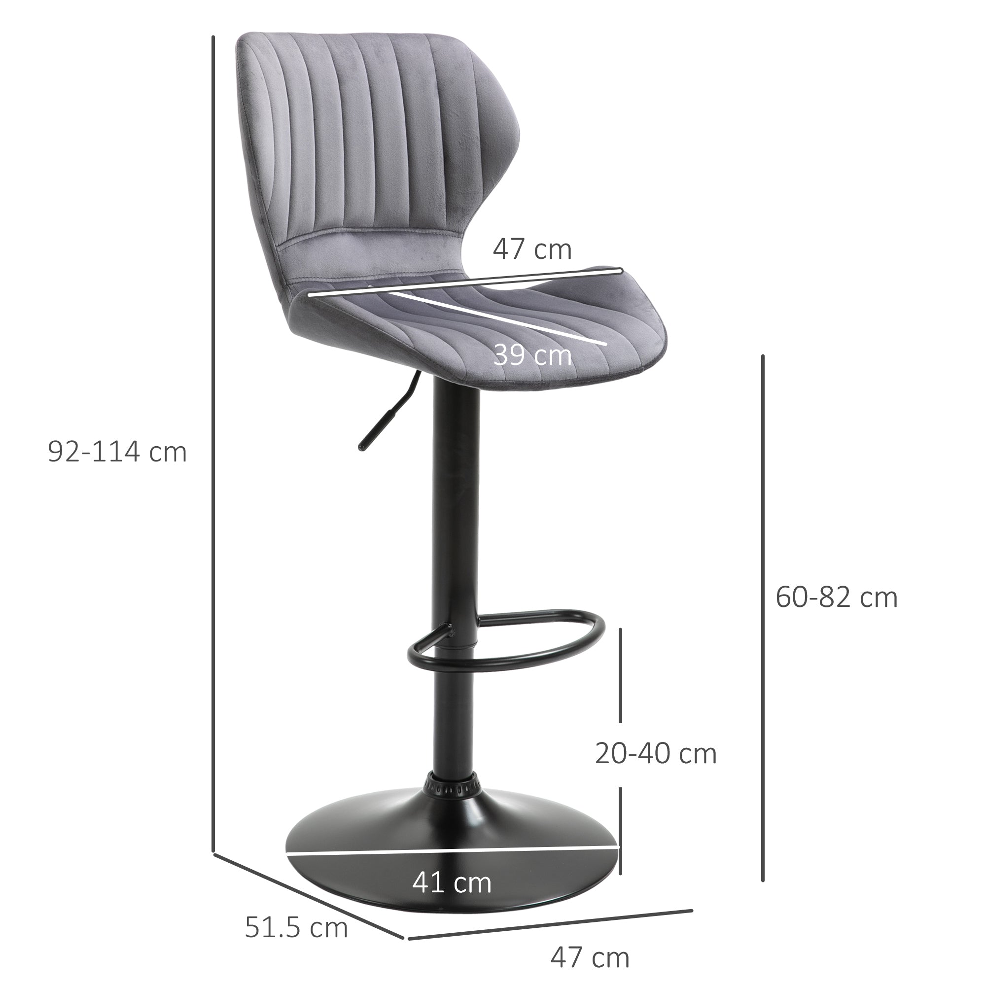 HOMCOM Bar Stool Set of 2 Velvet-Touch Fabric Adjustable Height Swivel Counter Chairs with Footrest, Grey - North Peak Garden Furniture