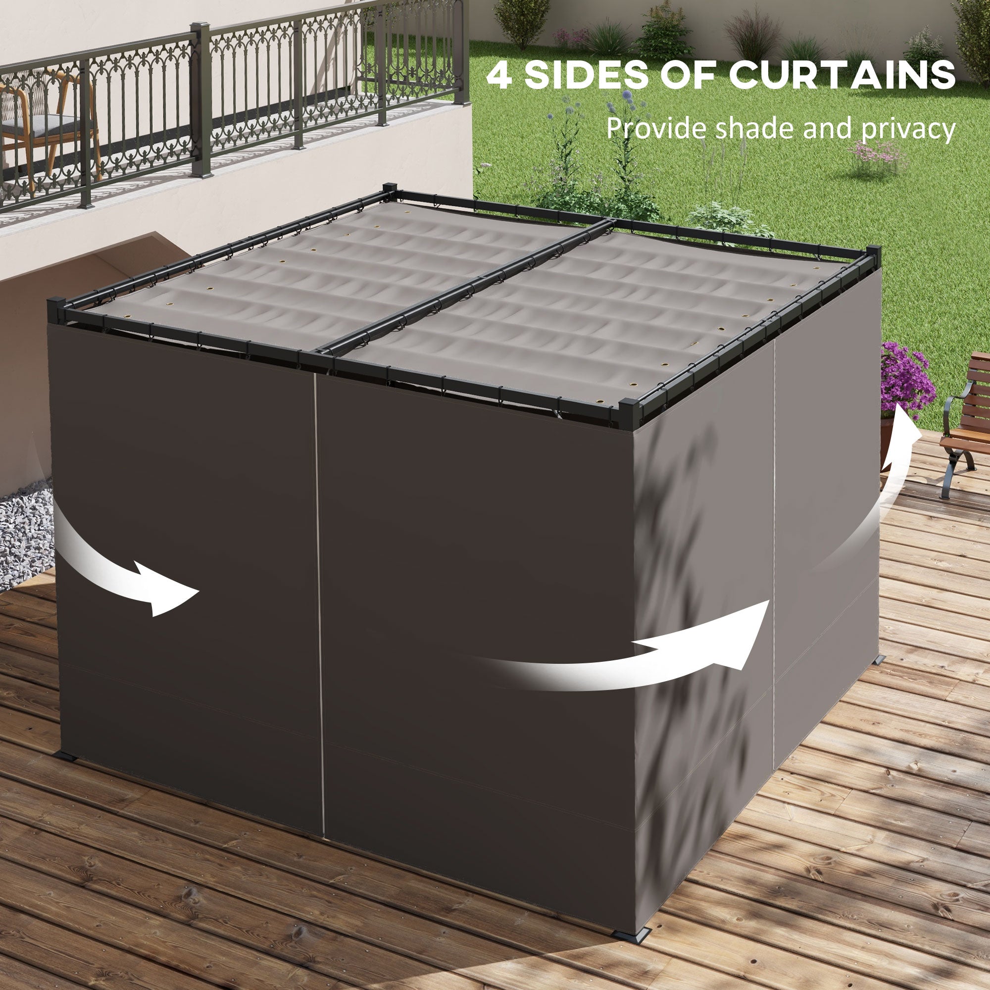 Outsunny 3 x 3m Moving Canopy Metal Pergola, with Curtains - Grey - North Peak Garden Furniture