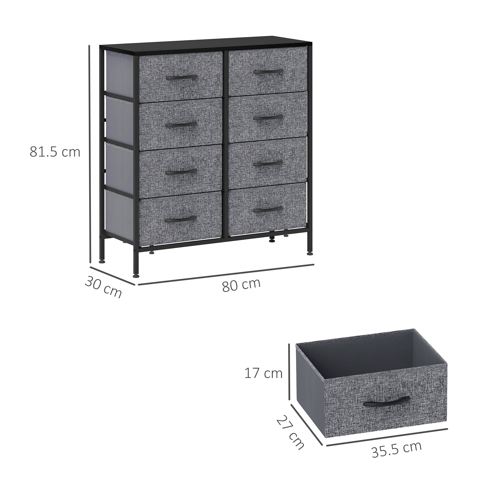 HOMCOM Fabric Chest of Drawers, Storage Drawers, Industrial Bedroom Dresser with 8 Fabric Drawers, Steel Frame and Wooden Top for Nursery, Living Room, Hallway, Black - North Peak Garden Furniture