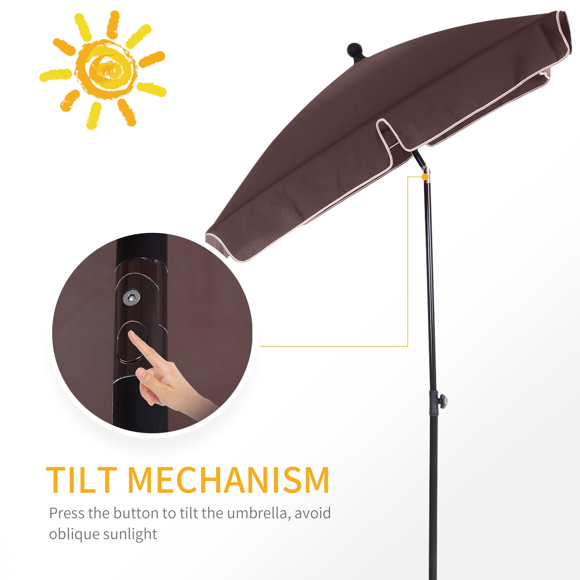 Outsunny Garden Parasol Umbrella, Outdoor Market Table Umbrella with Ruffles & Aluminium Pole, Rectangular Tilting Parasol Sun Shade Canopy, 2 x 1.3m, Brown - North Peak Garden Furniture