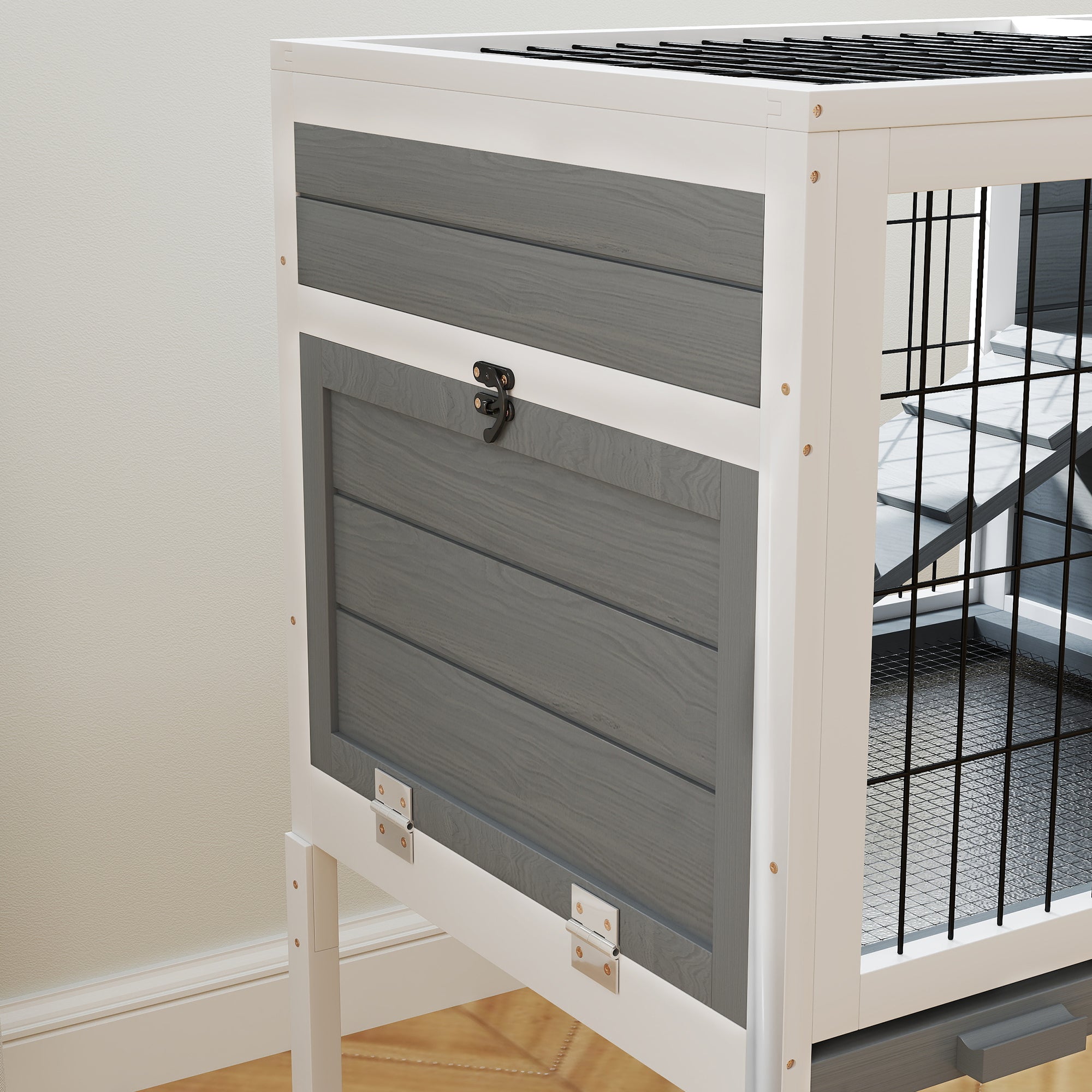 PawHut Wooden Rabbit Hutch, Guinea Pig Cage, with Removable Tray, Openable Roof, Grey - North Peak Garden Furniture