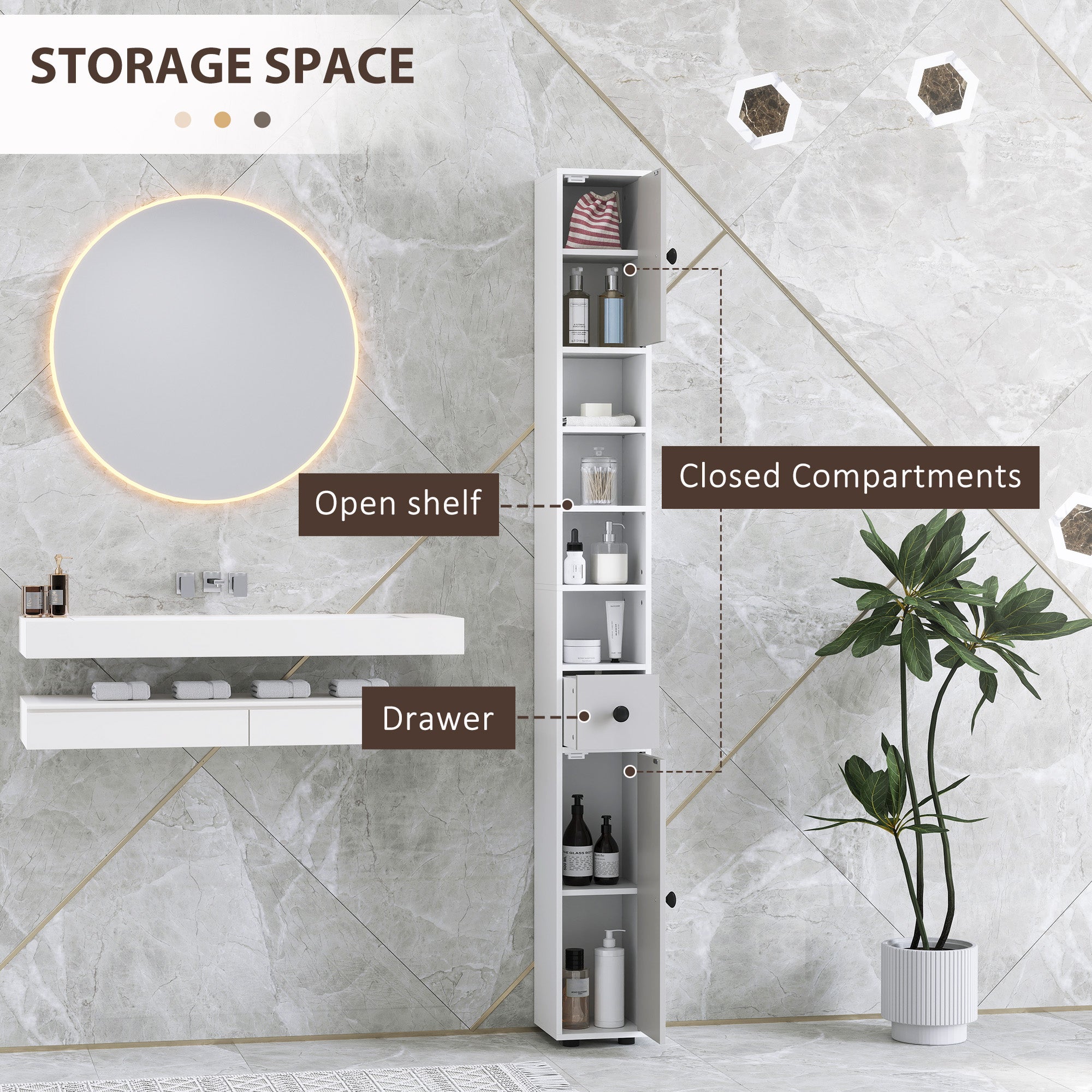 kleankin 180cm Slim Bathroom Cabinet, with Drawer, Shelves and Cupboards - Light Grey - North Peak Garden Furniture