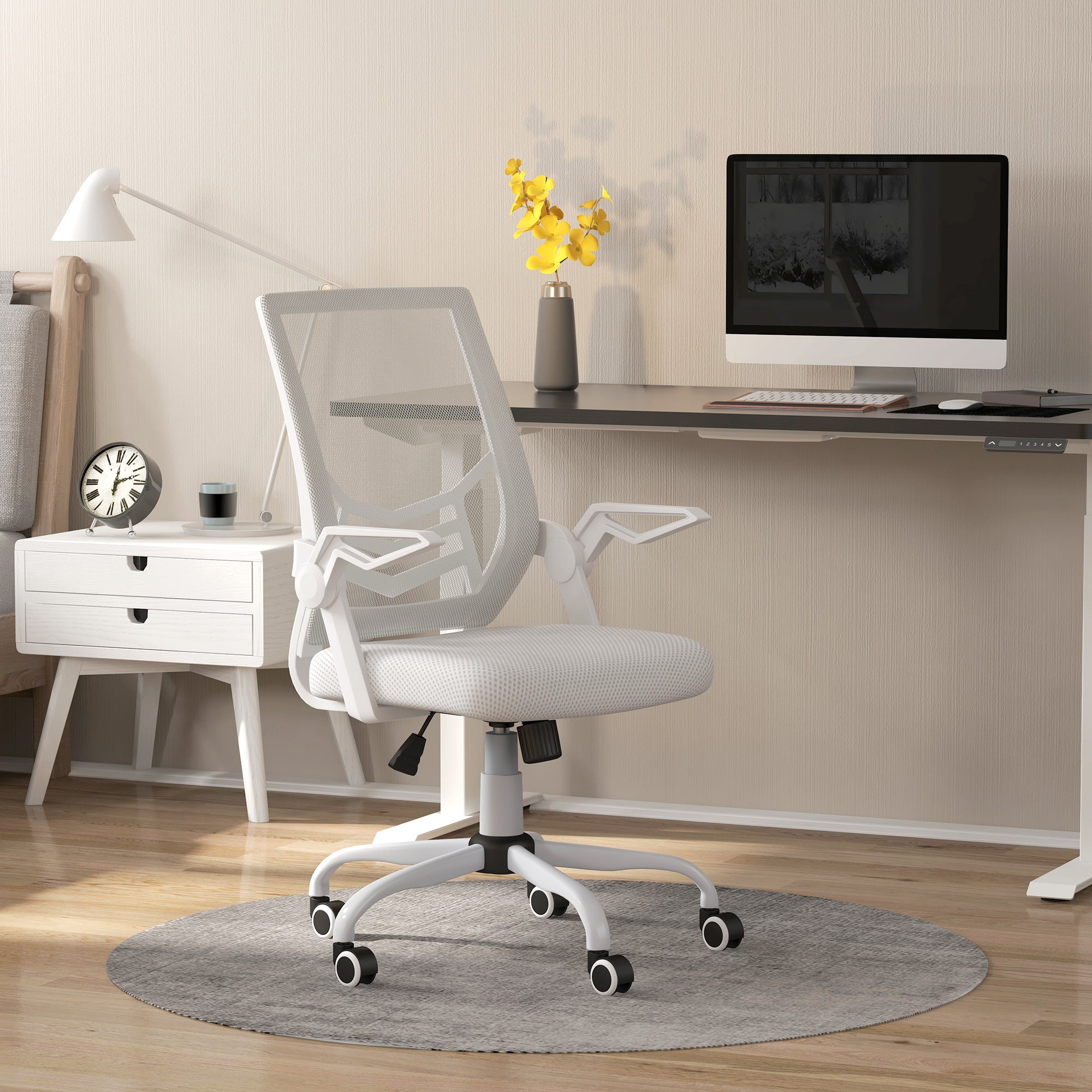 Vinsetto Mesh Office Chair, Computer Desk Chair with Flip-up Armrests, Lumbar Back Support and Swivel Wheels, White - North Peak Garden Furniture
