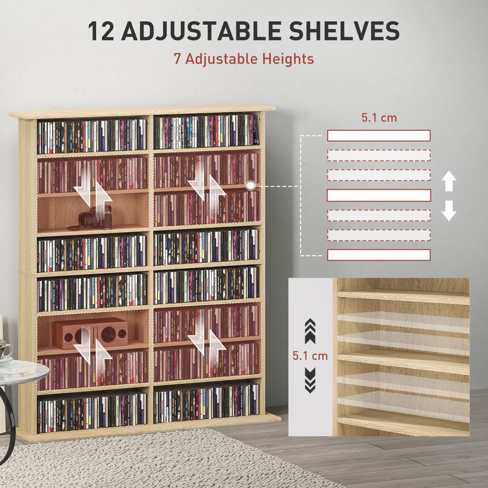 HOMCOM 16-Compartment Media Shelf - Nature Wood Finish - North Peak Garden Furniture