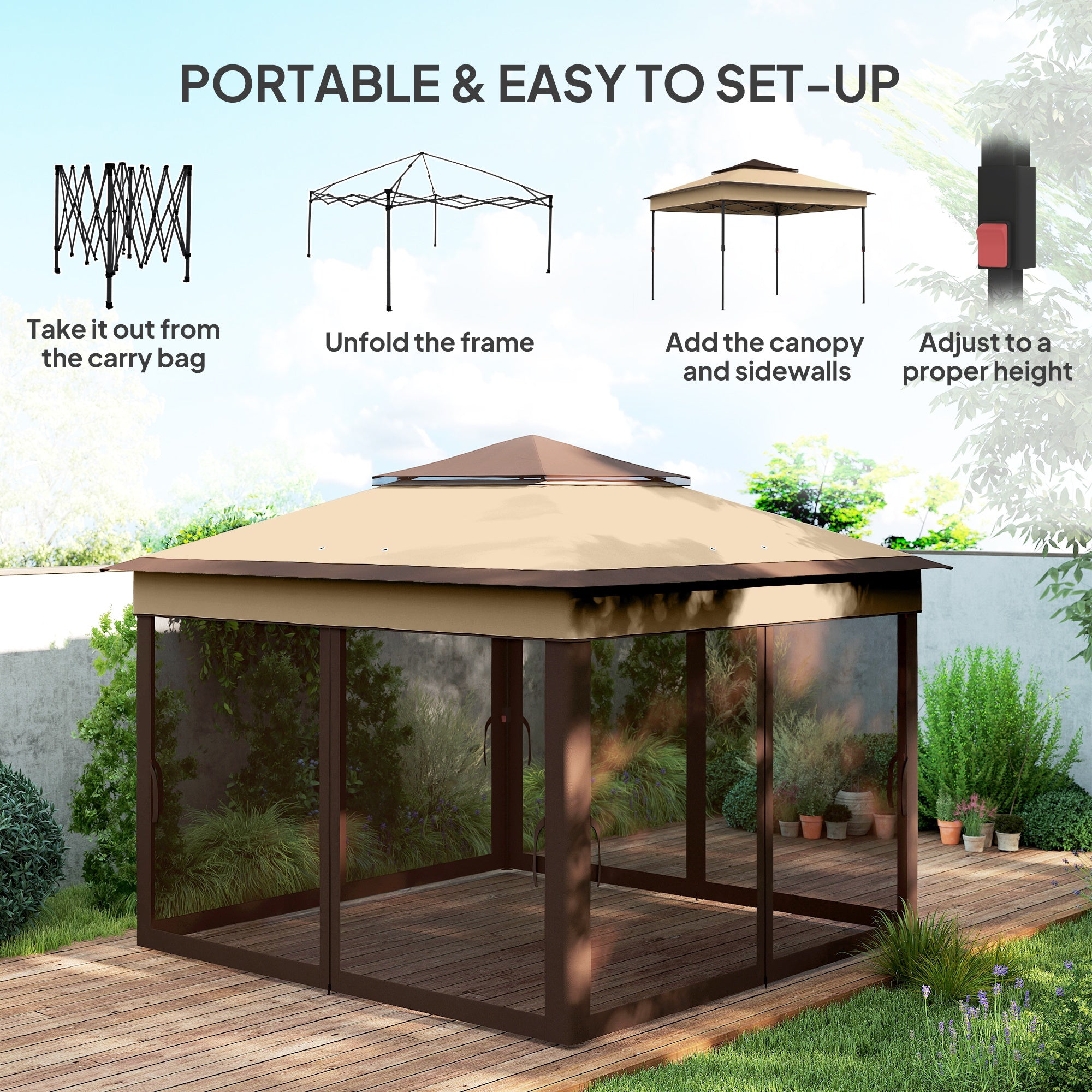 Outsunny 3 x 3(m) Pop Up Gazebo, Height Adjustable Instant Event Shelter with Netting and Carrying Bag, Beige - North Peak Garden Furniture