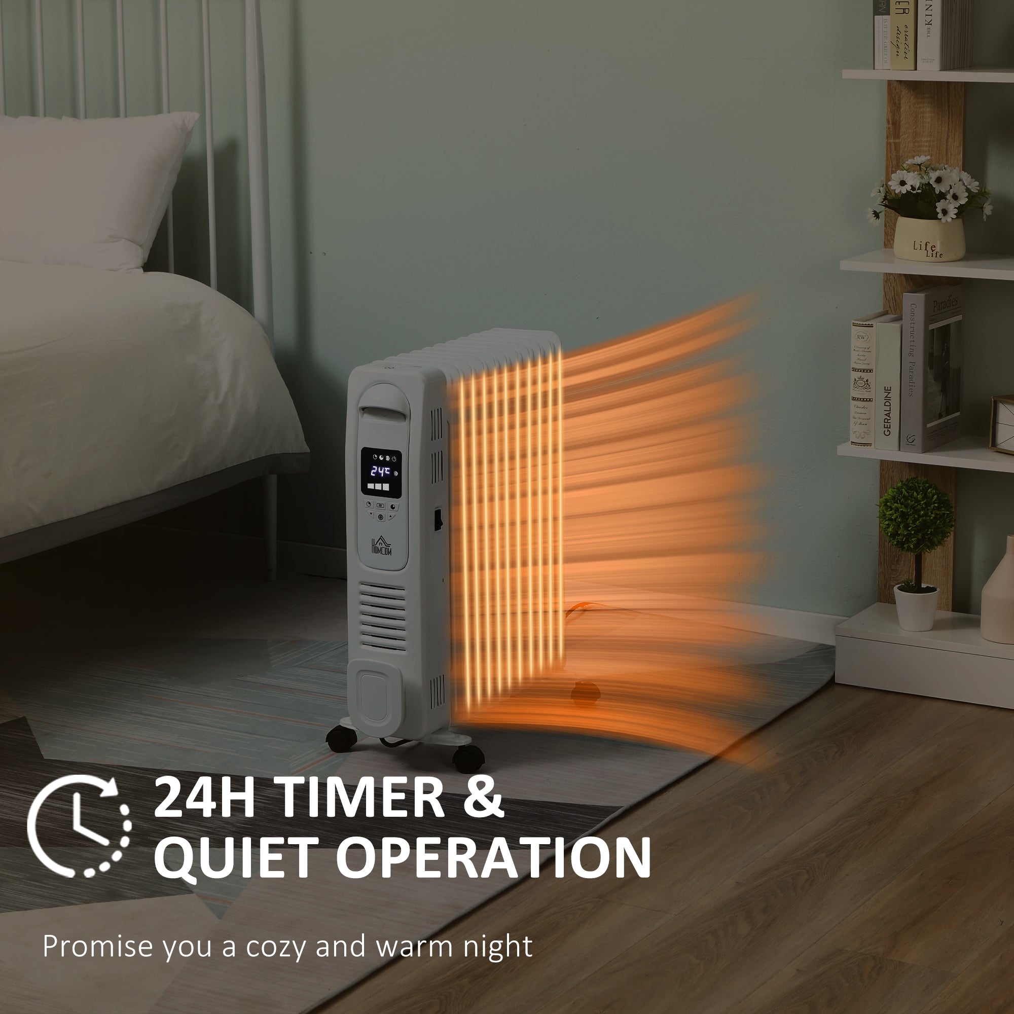 HOMCOM 2500W Digital Display Oil Filled Radiator, 11Fin Portable Electric Heater with Timer, Adjustable Thermostat, Three Heat Settings, Safety Cut Off, Remote, White