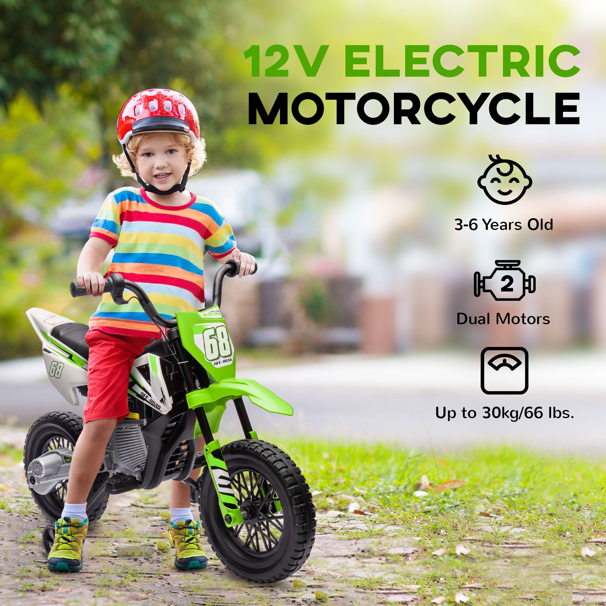 AIYAPLAY 12V Kids Electric Motorbike, Kids Electric Ride on motorcycle w/ Twist Grip Throttle, Training Wheels, Green