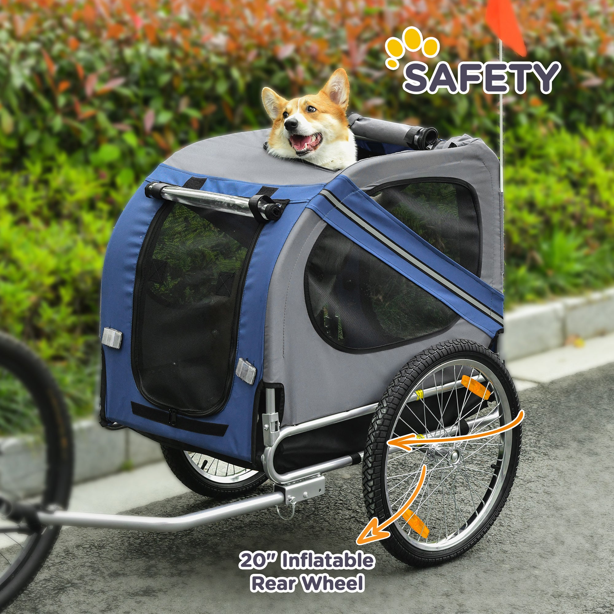 PawHut Folding Dog Bike Trailer Pet Cart Carrier for Bicycle Travel in Steel Frame with Hitch Coupler - Blue & Grey - North Peak Garden Furniture