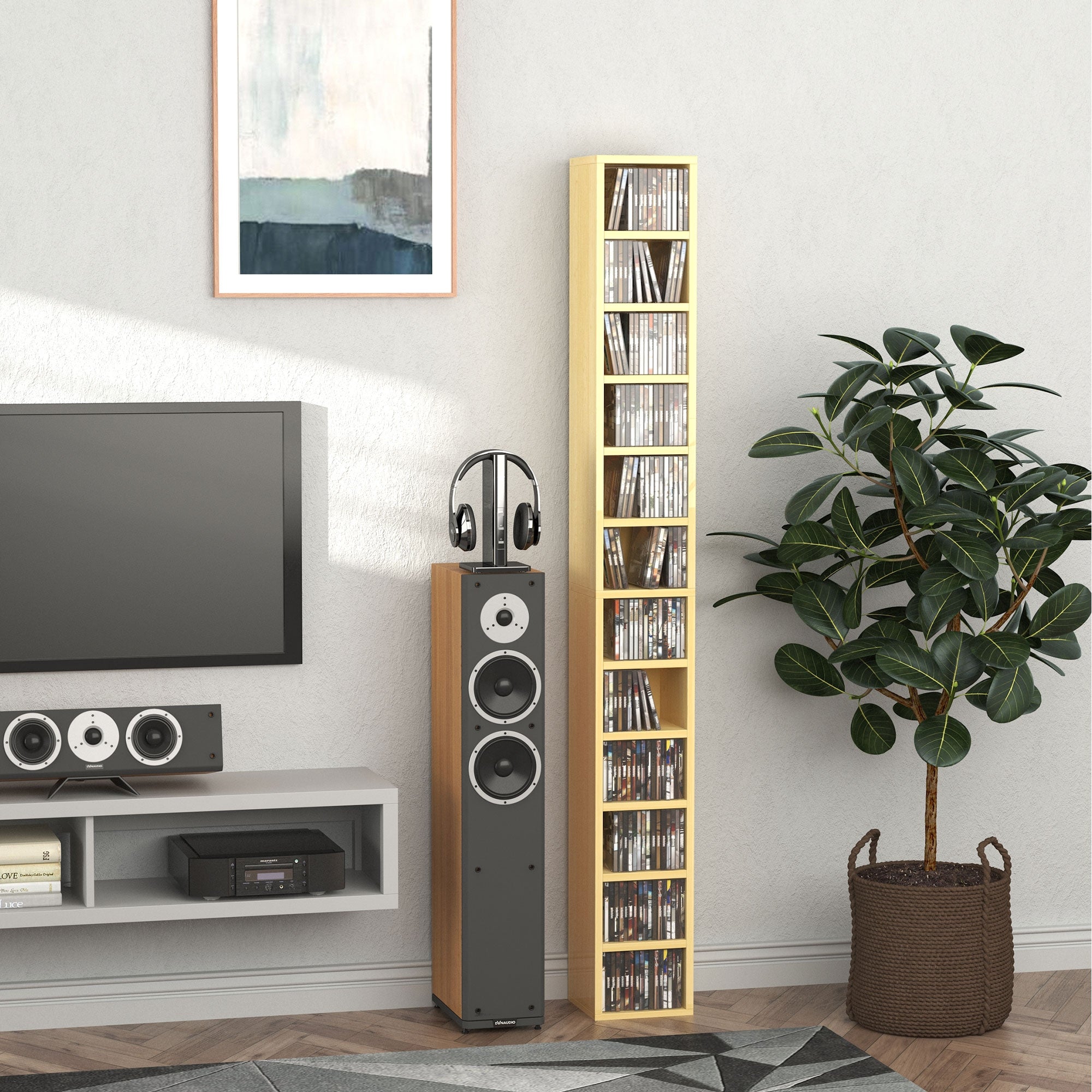 HOMCOM 204 CD Tall Narrow Media Storage Tower - Oak Tone - North Peak Garden Furniture