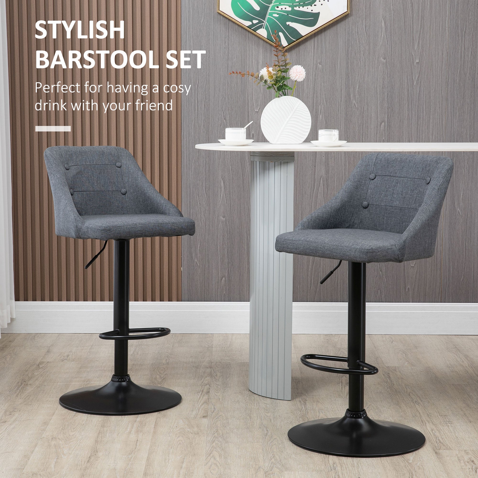 HOMCOM Modern Adjustable Bar Stools Set of 2, Swivel Fabric Barstools with Footrest, Armrests and Back, for Kitchen Counter and Dining Room, Dark Grey - North Peak Garden Furniture