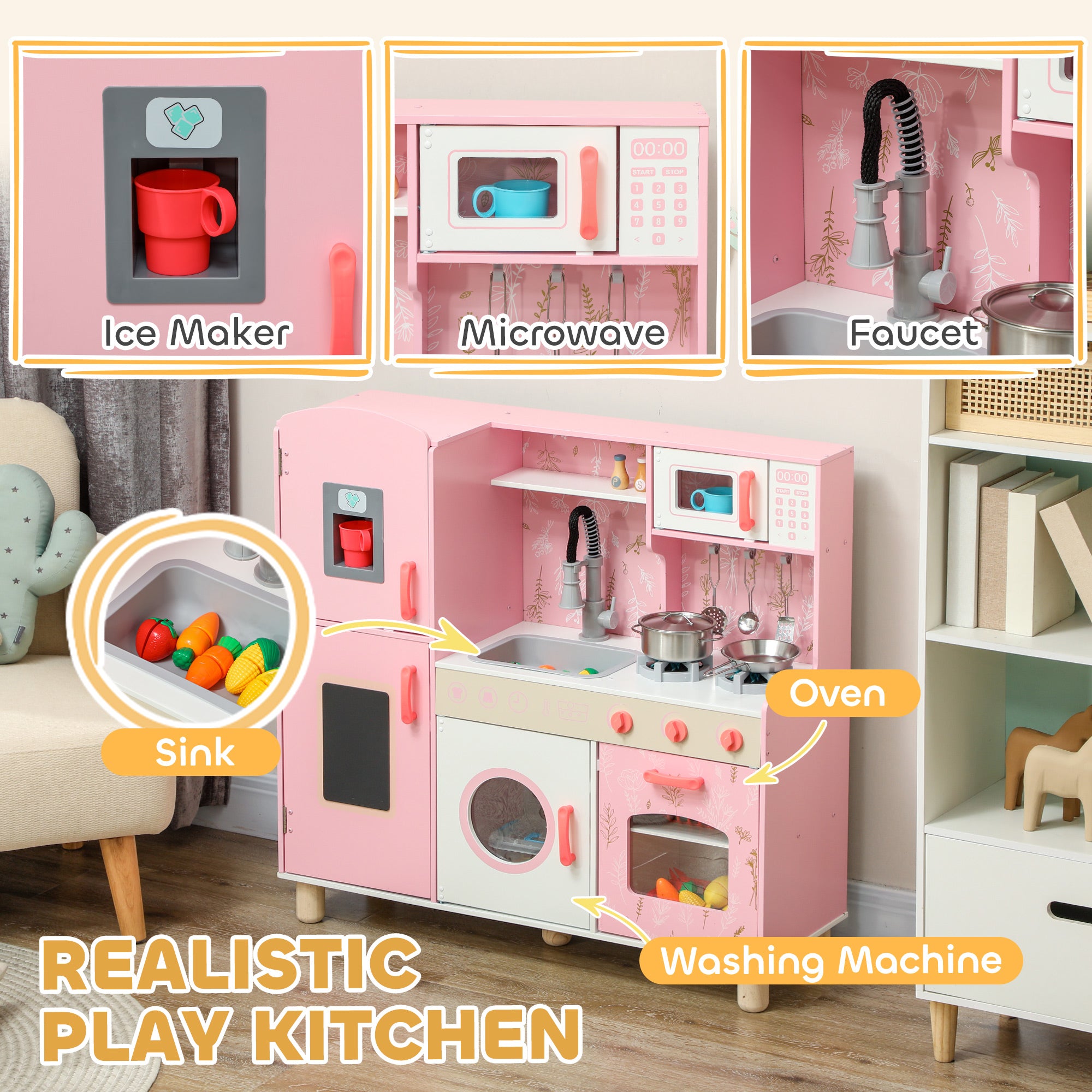 AIYAPLAY Play Kitchen, Kids Kitchen Set with Lights and Sounds, Double Stoves, Ice Maker, Chalkboard for 3+ Years - Pink - North Peak Garden Furniture