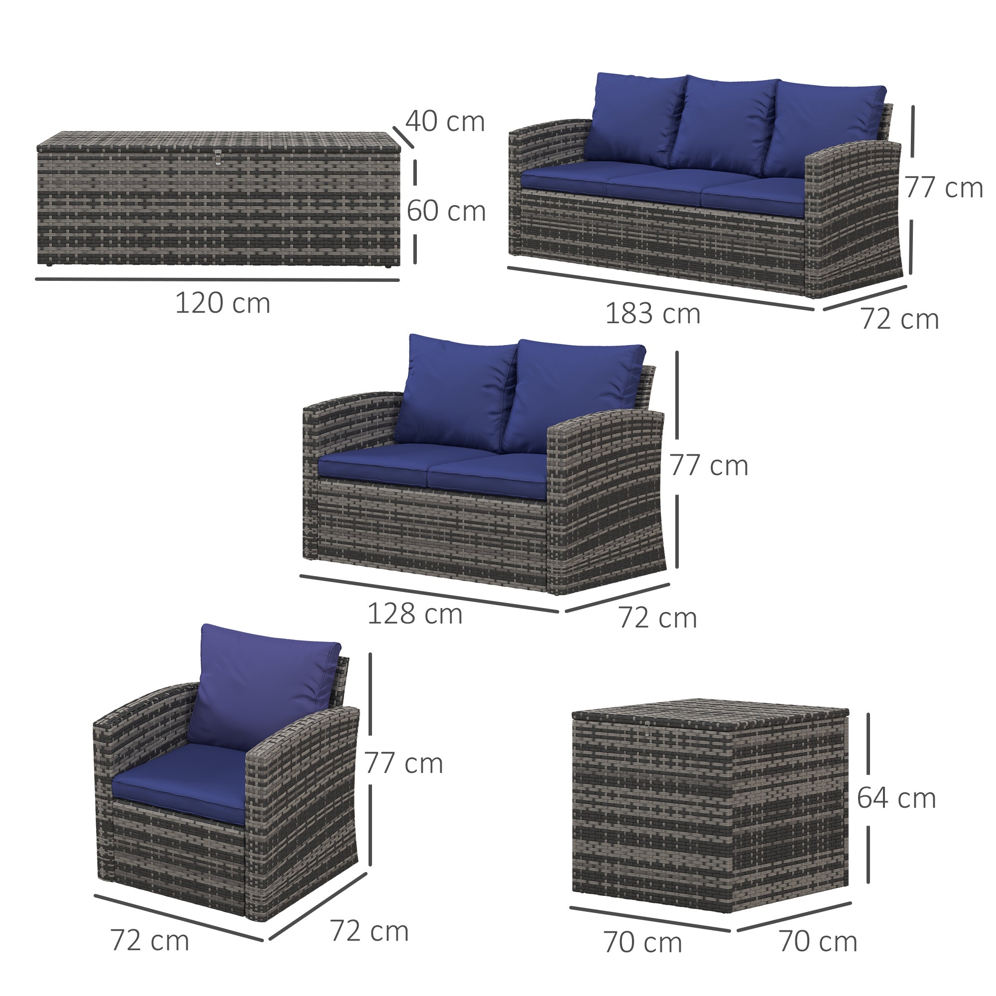 Outsunny 6 Pieces Rattan Garden Furniture Set, 7 Seater Wicker Outdoor Furniture Set with Storage Tea Table & Side Table, Sectional Garden Sofa Set with Cushions, Navy Blue