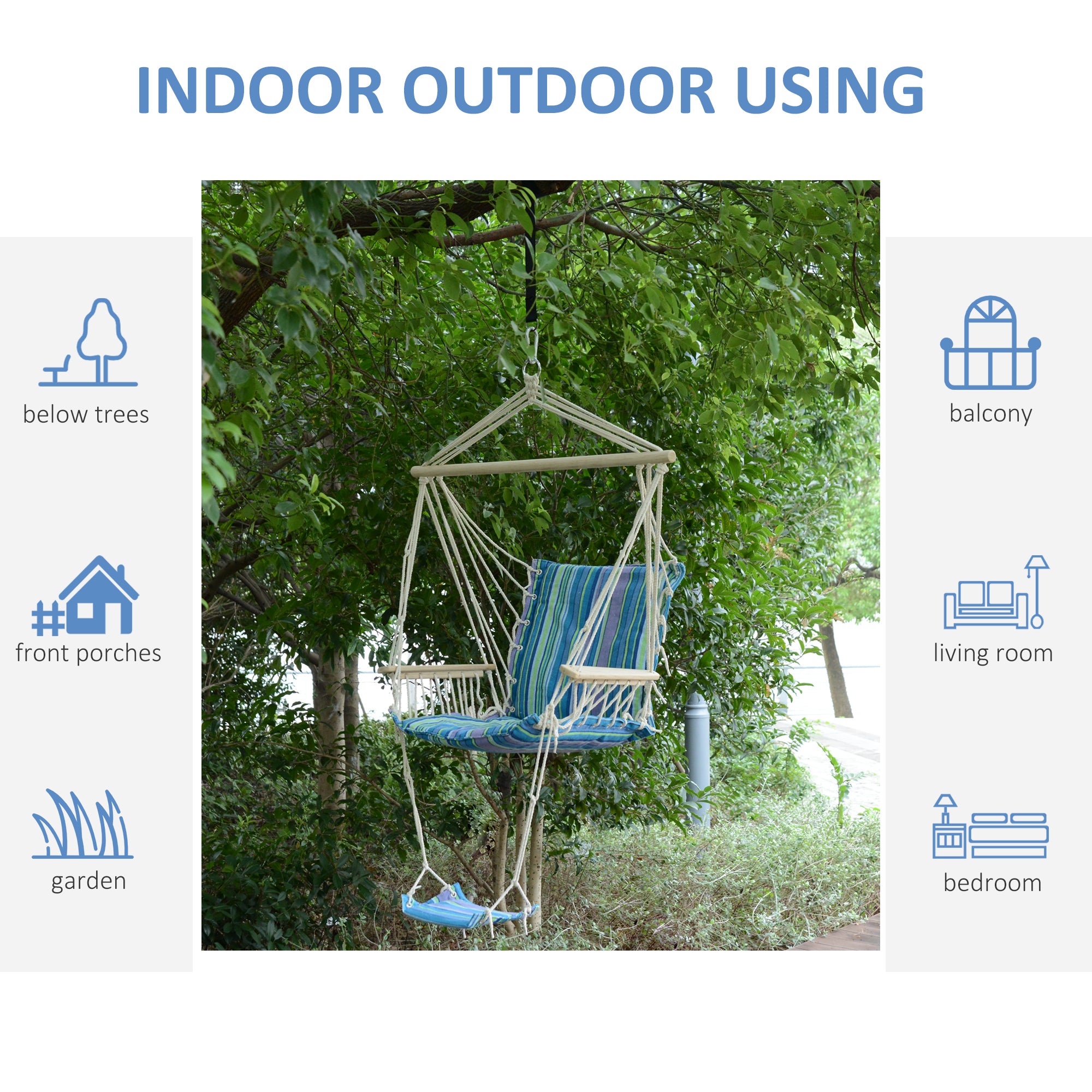 Outsunny Hanging Rope Chair with Soft Padded Seat & Backrest, Portable Garden Hammoc Chair with Wooden Support Bar, Armrests, Cotton Cloth, Footrest, for Patio & Tree, Blue - North Peak Garden Furniture
