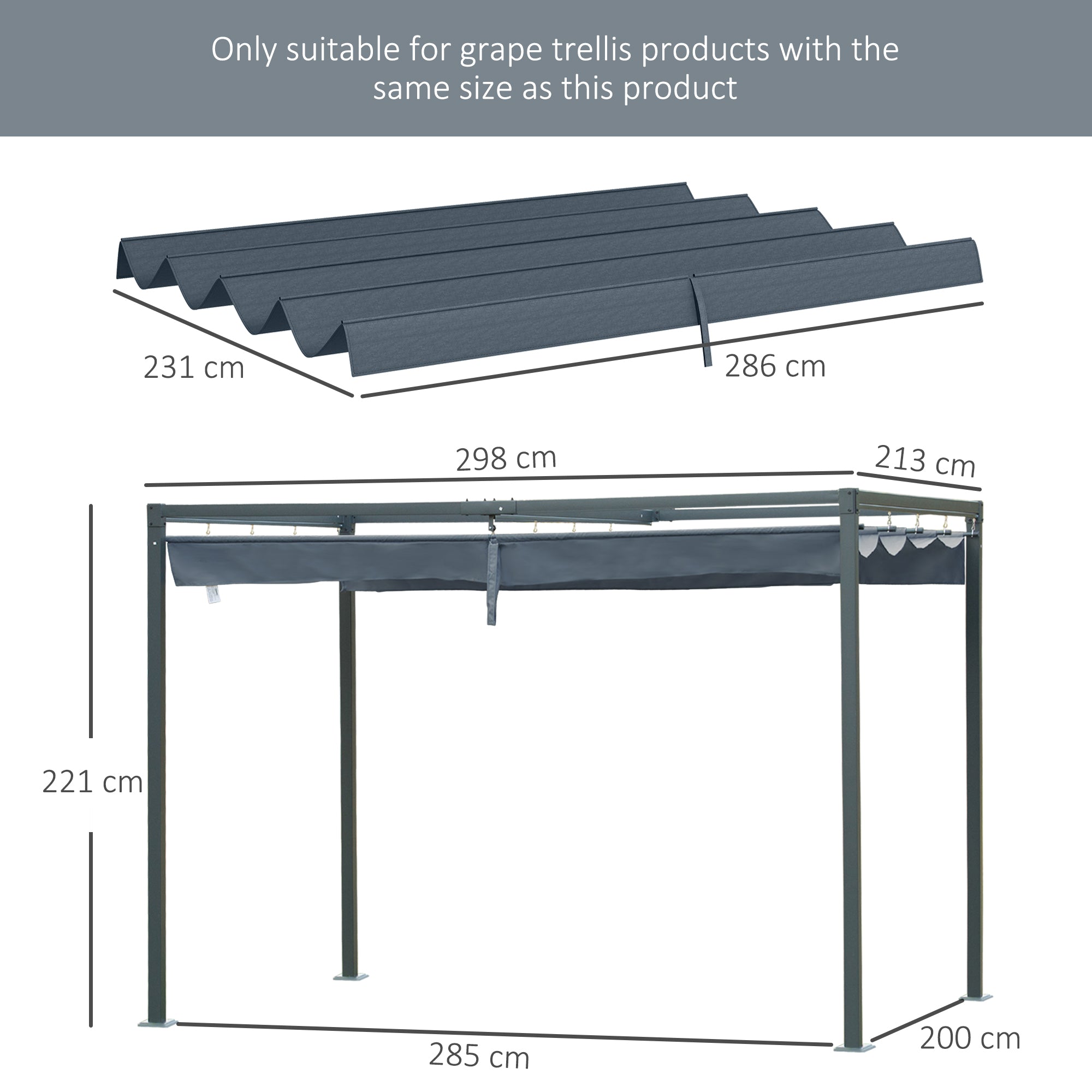 Outsunny Pergola Roof, Retractable Sun Shade Cover for 2.85 x 2m Pergola, UV30+ Protected, Dark Grey - North Peak Garden Furniture