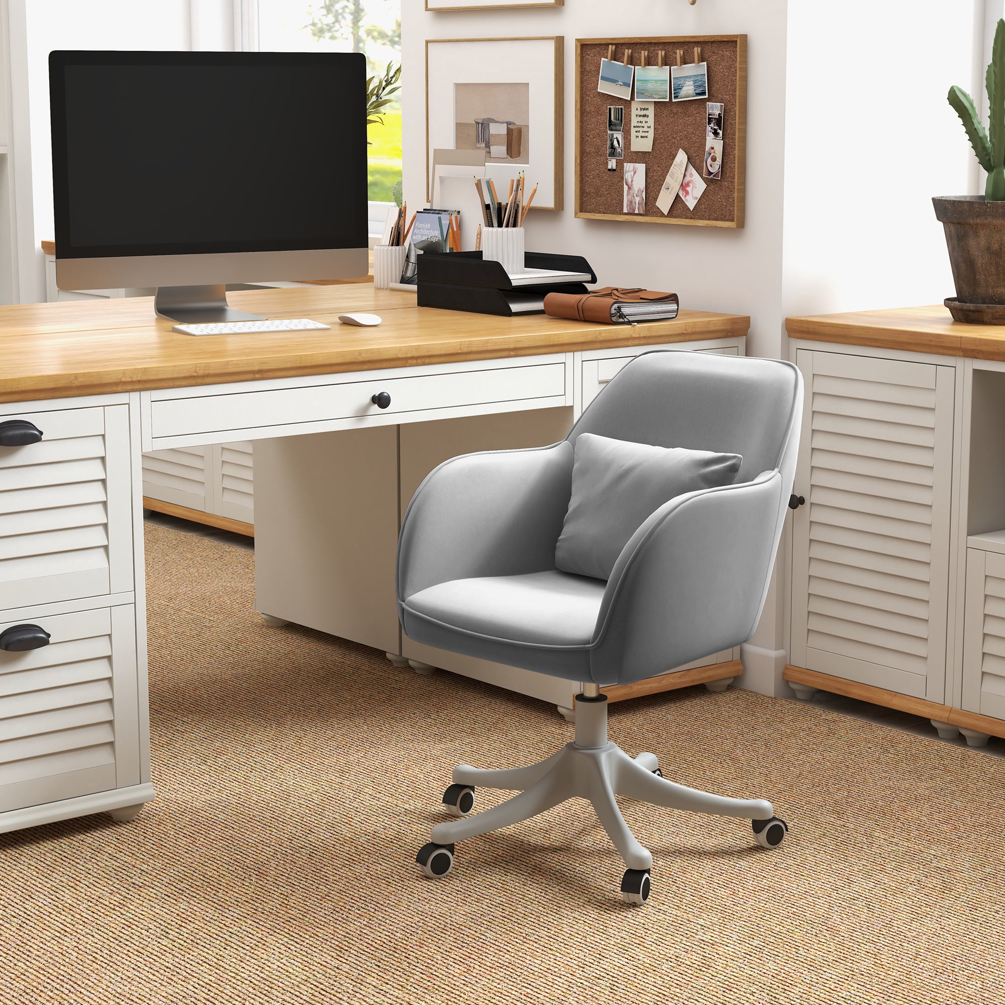 Vinsetto Velvet Office Chair, Desk Chair, Makeup Vanity Chair with Massage Lumbar Pillow and Rolling Wheels for Bedroom and Home, Grey - North Peak Garden Furniture