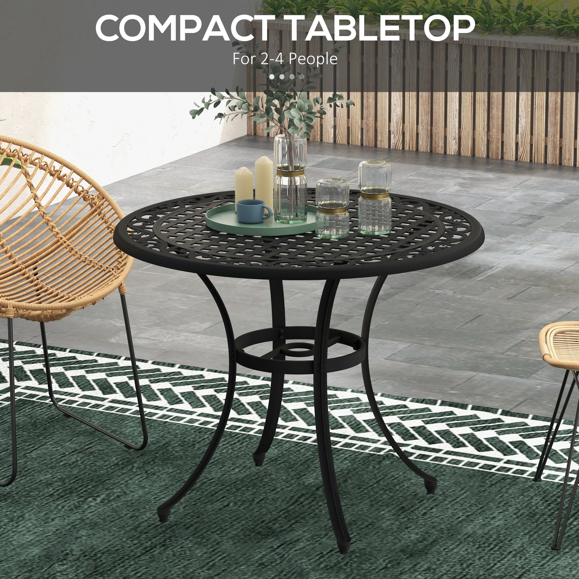 Outsunny Φ90cm Four-Seated Round Aluminium Garden Table, with Parasol Hole - North Peak Garden Furniture